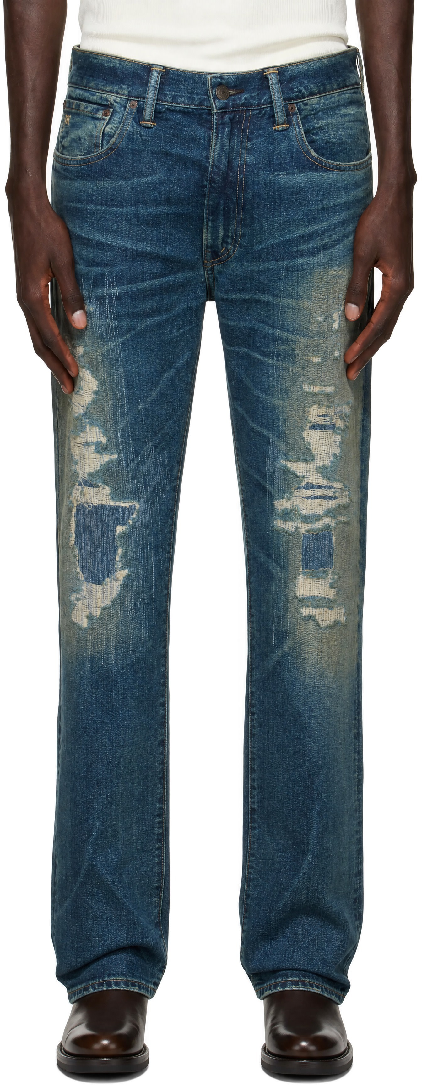 RRL - Blue High Slim Distressed Jeans