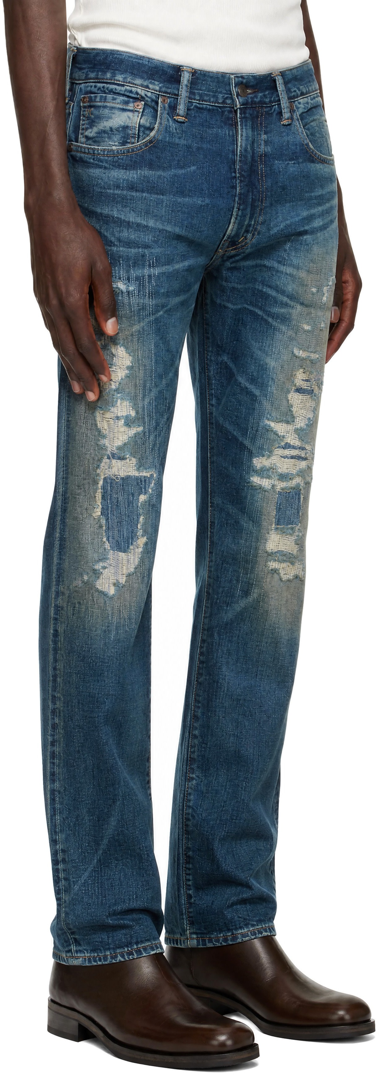 RRL - Blue High Slim Distressed Jeans