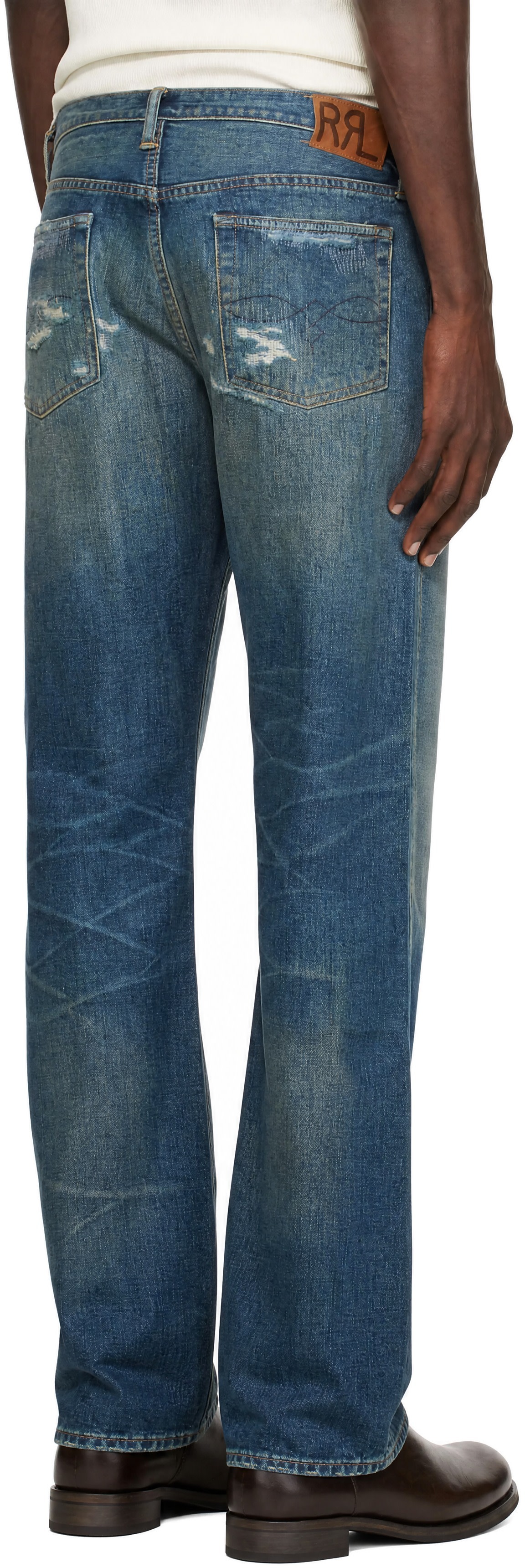 RRL - Blue High Slim Distressed Jeans