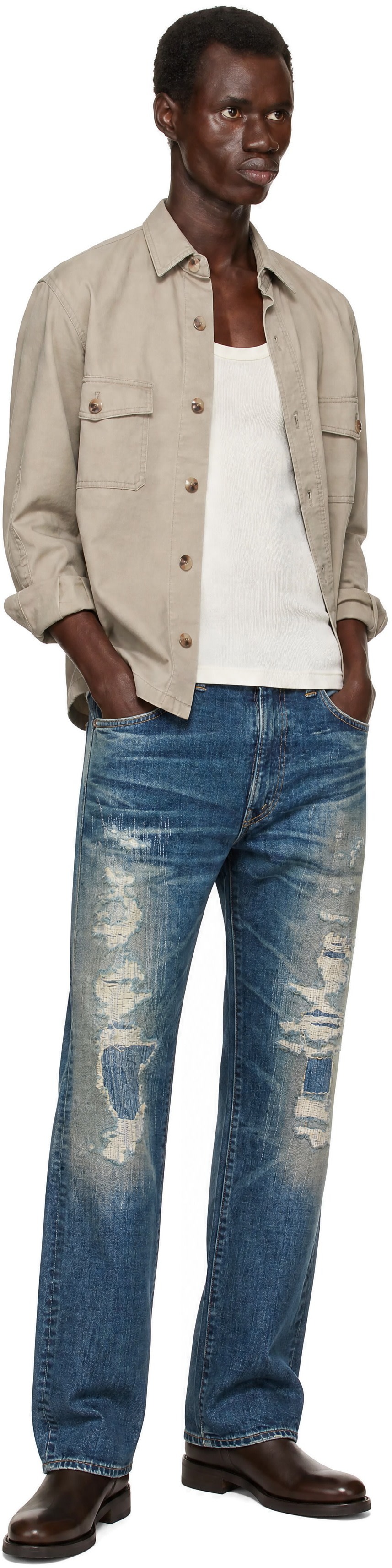 RRL - Blue High Slim Distressed Jeans