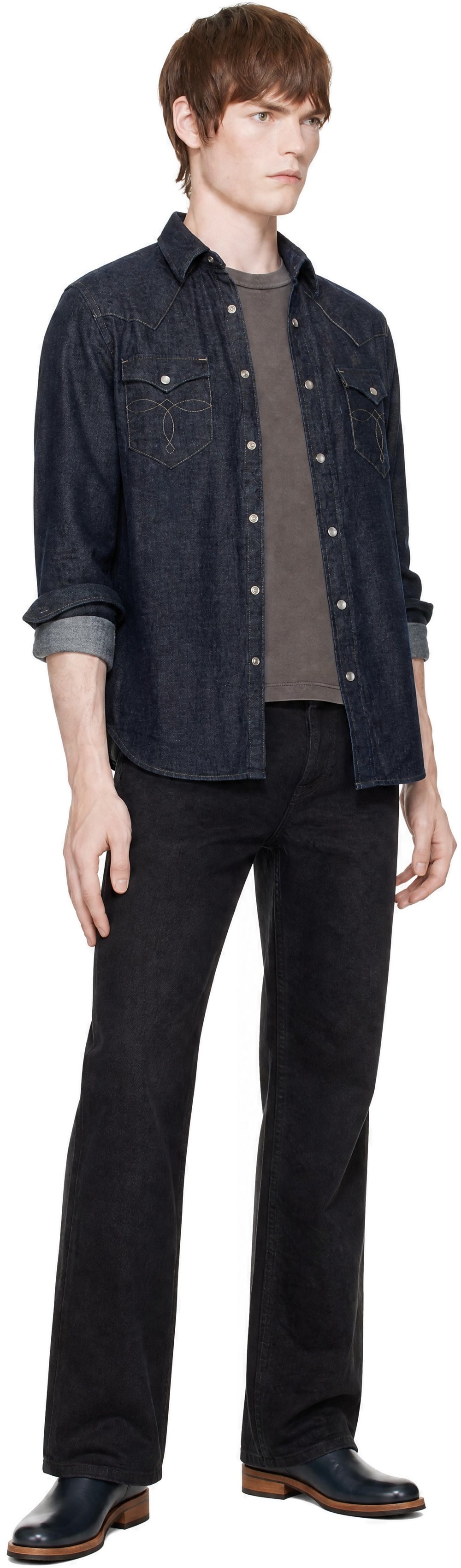 RRL: Navy Slim Fit Denim Western Shirt | SSENSE
