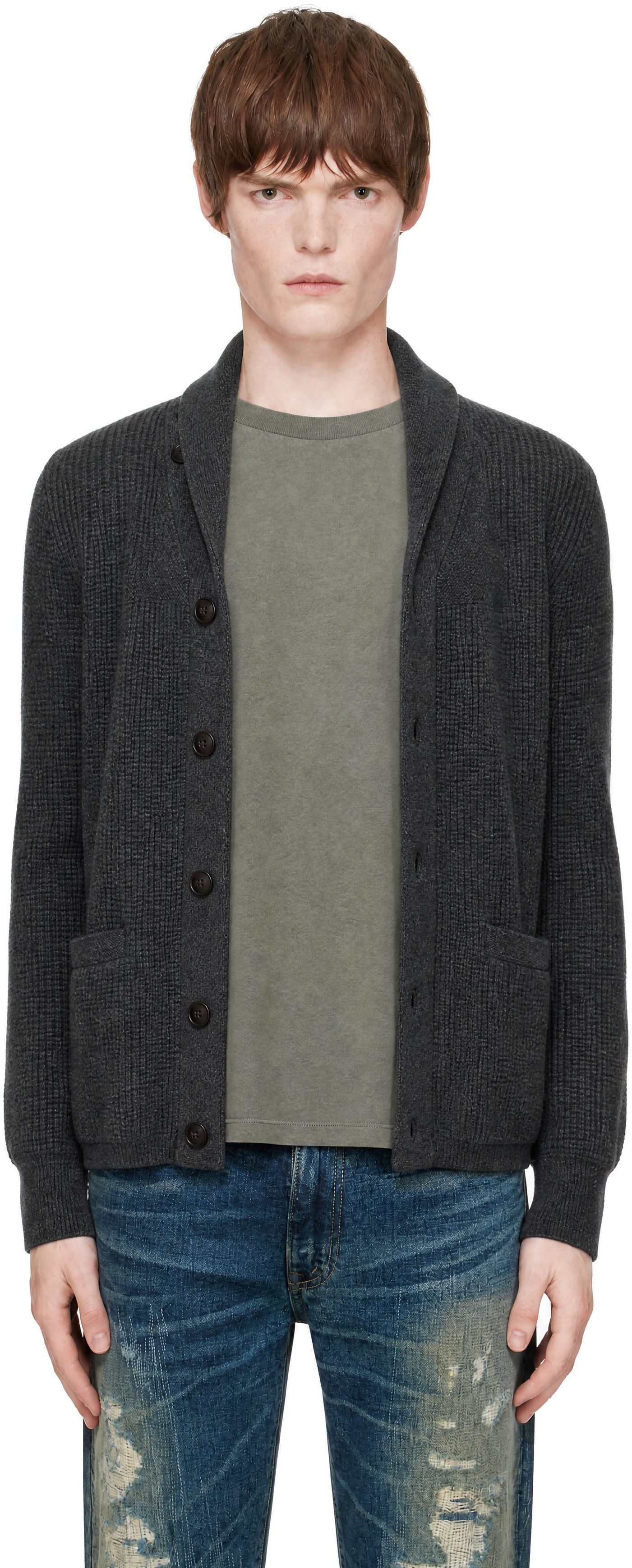 RRL: Gray Waffle-Knit Cashmere Shawl Cardigan | SSENSE