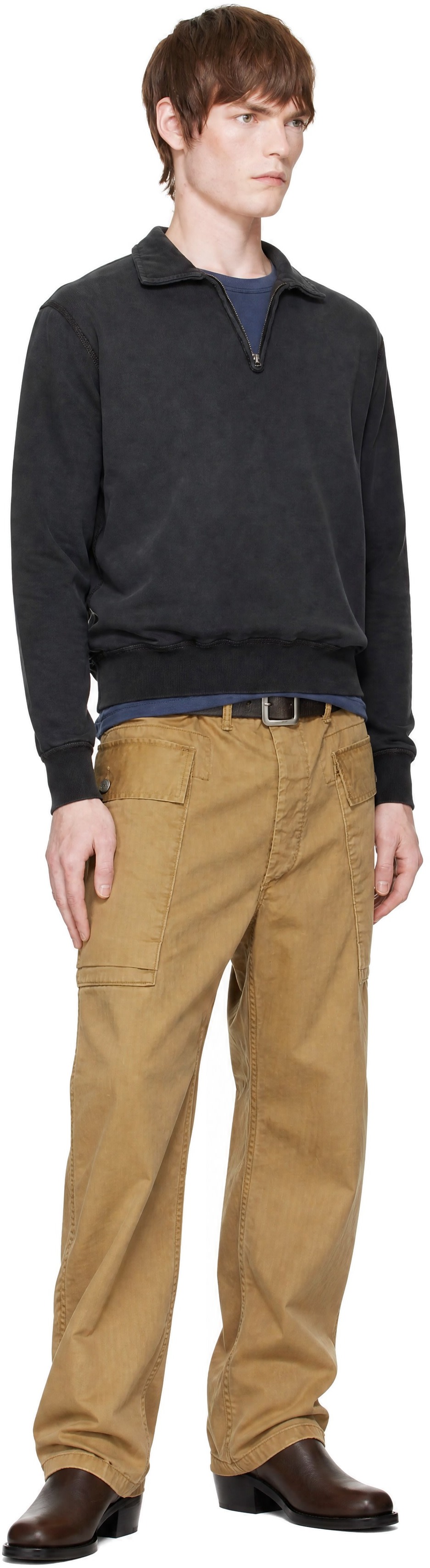 RRL - Pull molletonné noir en jersey bouclette à glissière un quart