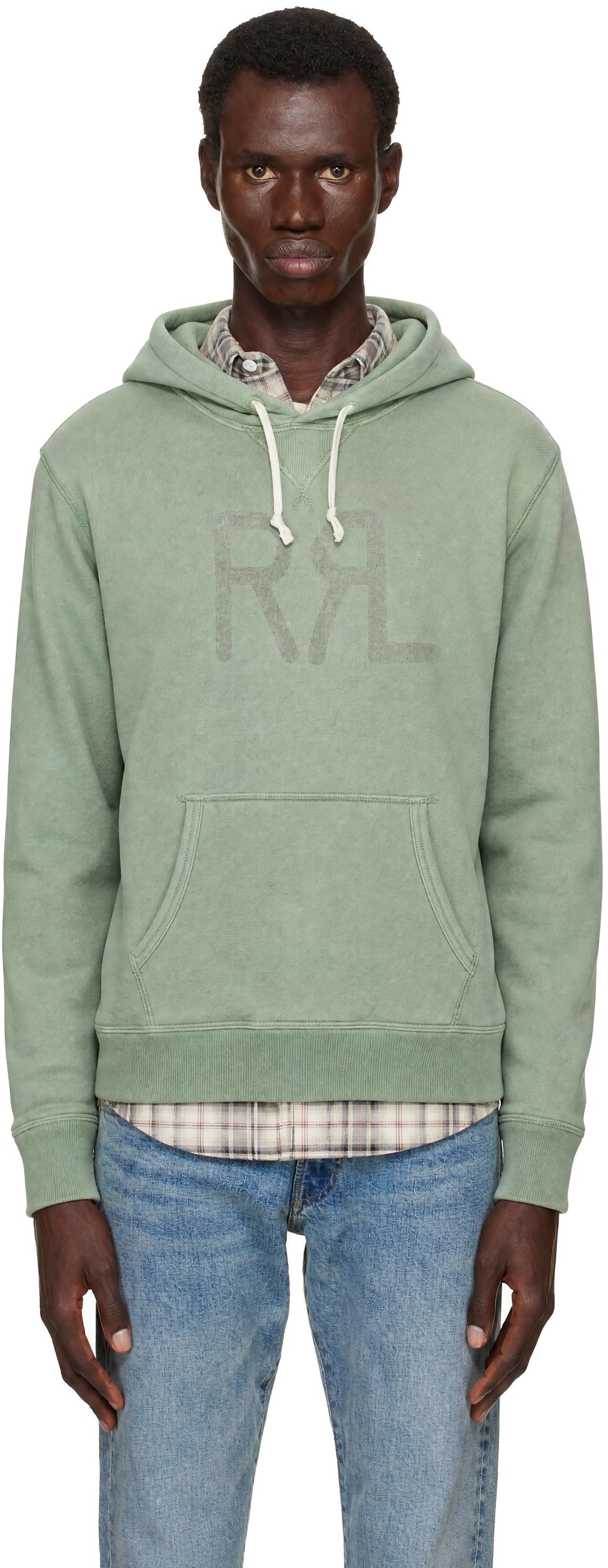 RRL - Pull à capuche vert à logo et à effet effiloché
