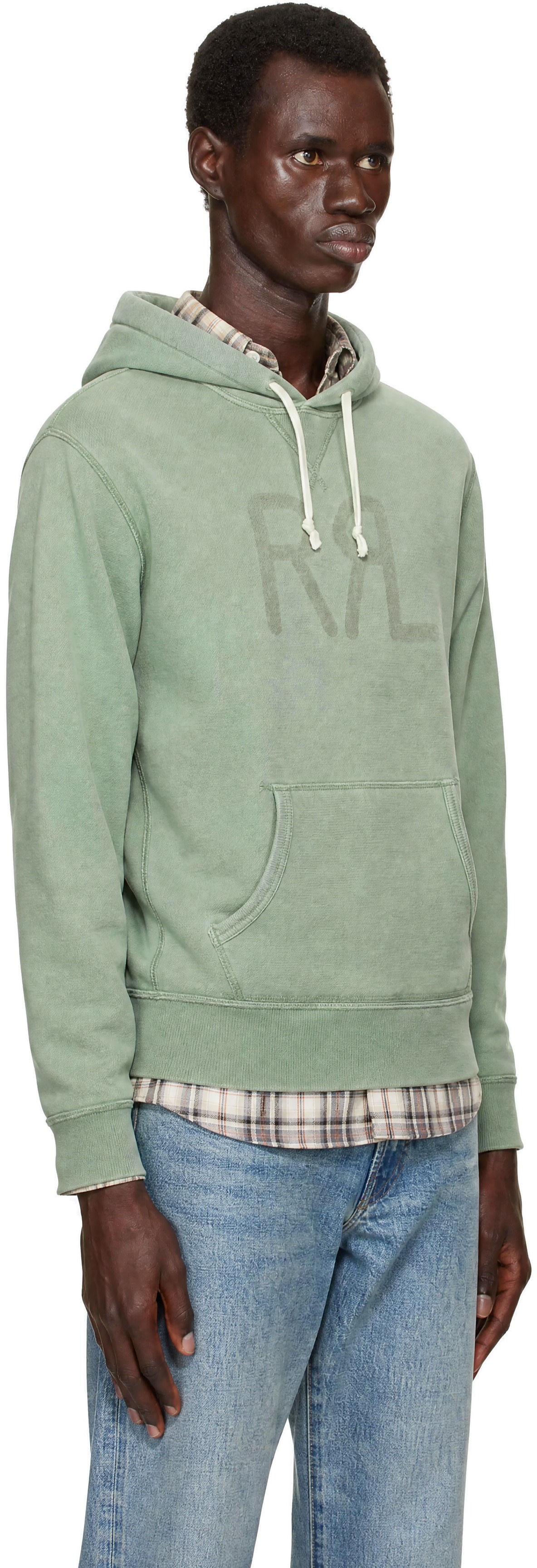 RRL - Pull à capuche vert à logo et à effet effiloché