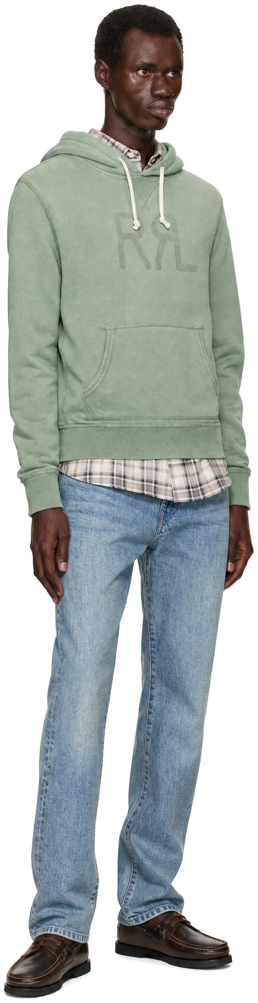 RRL - Pull à capuche vert à logo et à effet effiloché