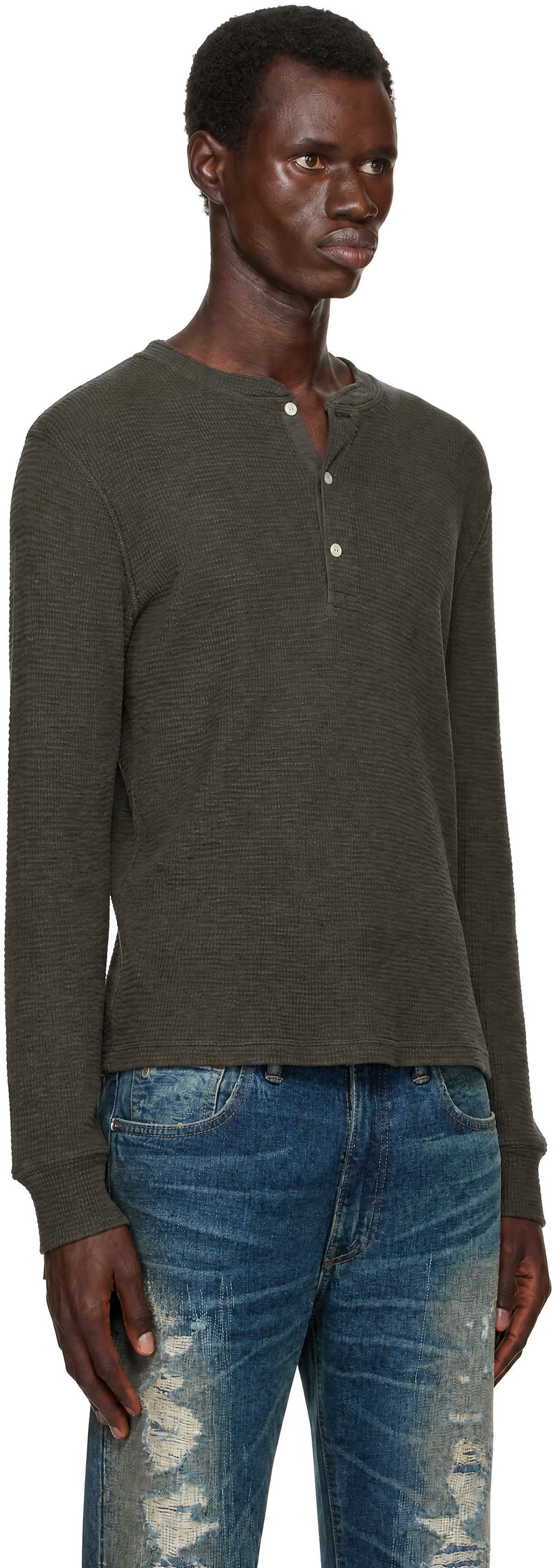 RRL: トープ ワッフルニット ヘンリーネック Tシャツ | SSENSE 日本