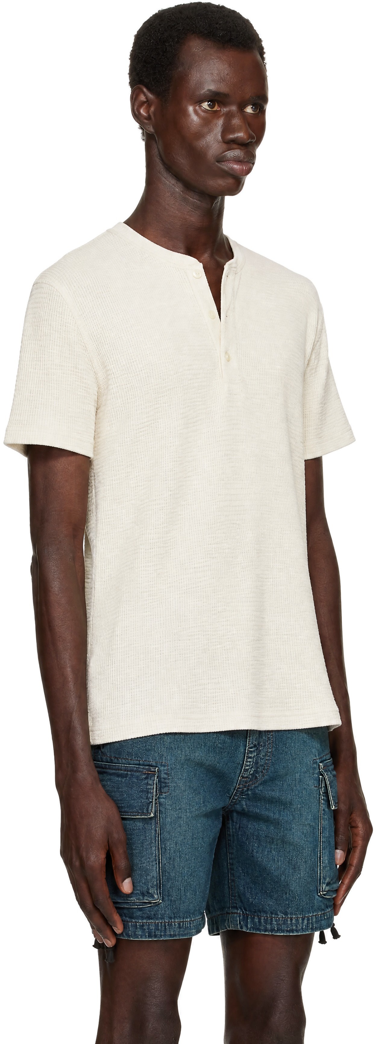 RRL: ホワイト ワッフルニット ヘンリーネック 半袖Tシャツ | SSENSE 日本