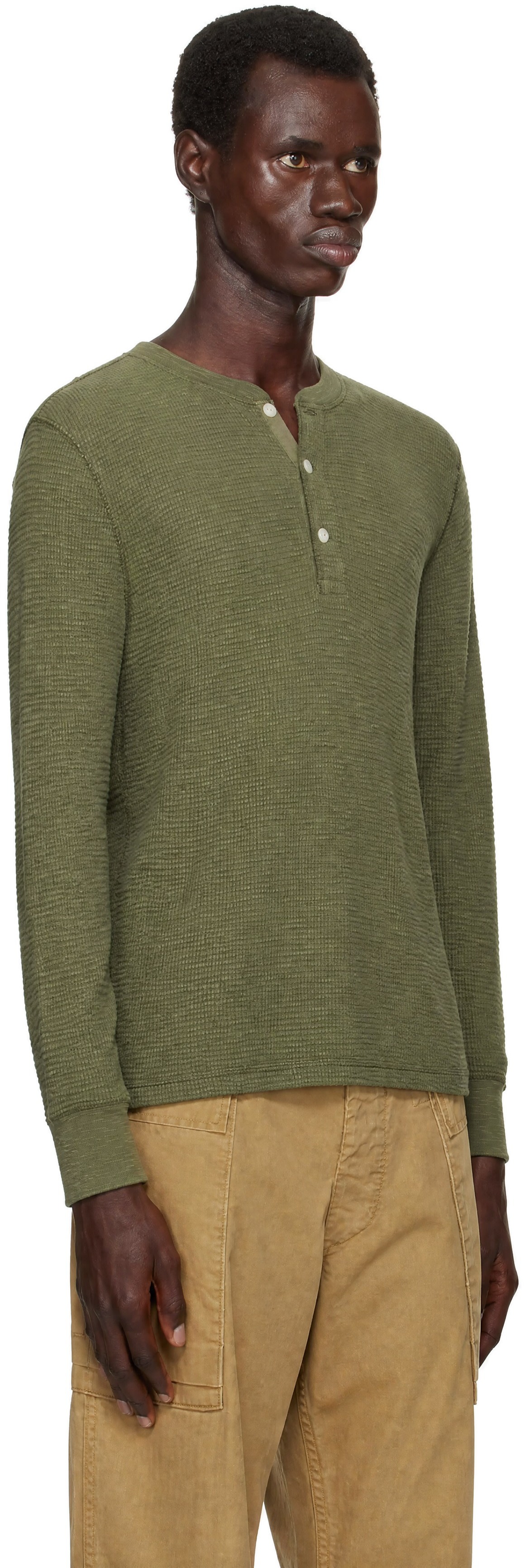 RRL - カーキ ワッフルニット ヘンリーネック Tシャツ