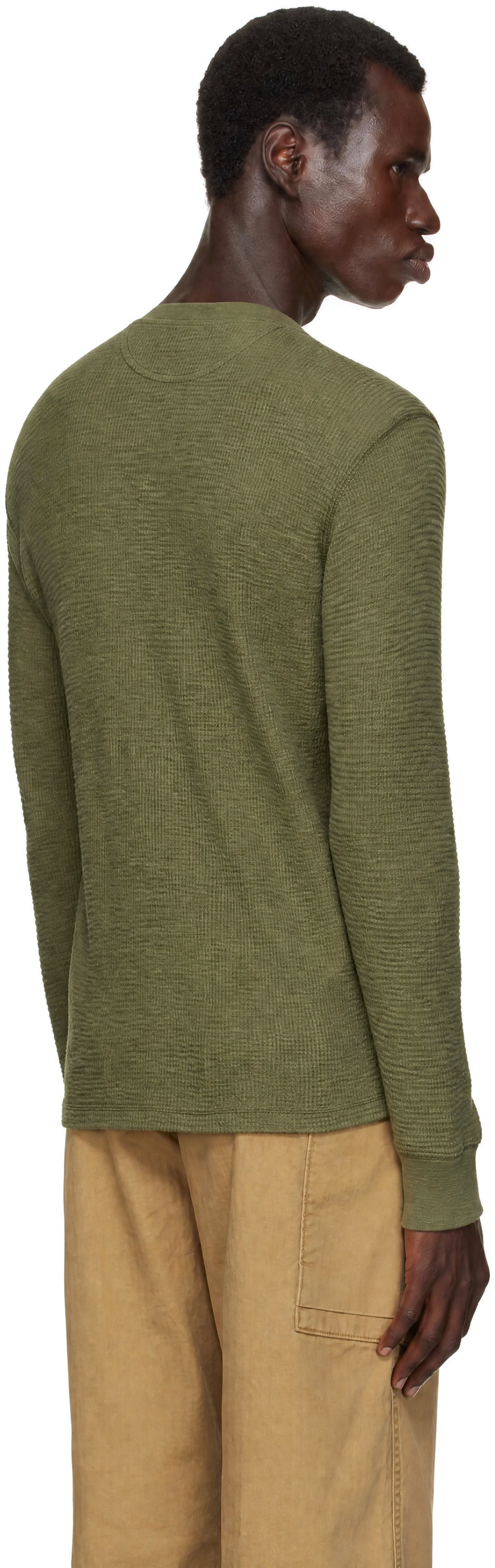 RRL - カーキ ワッフルニット ヘンリーネック Tシャツ
