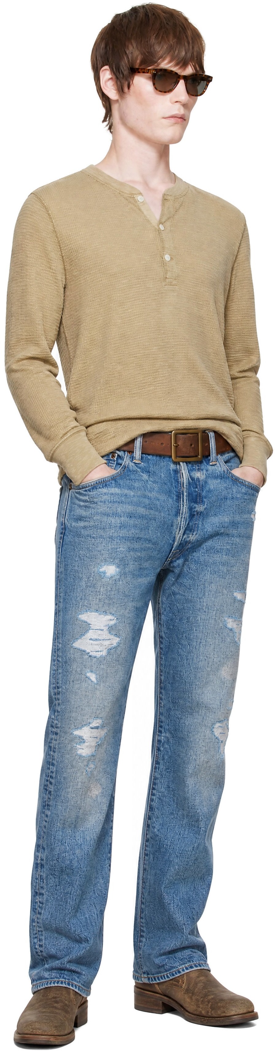 RRL - Beige Waffle-Knit Henley