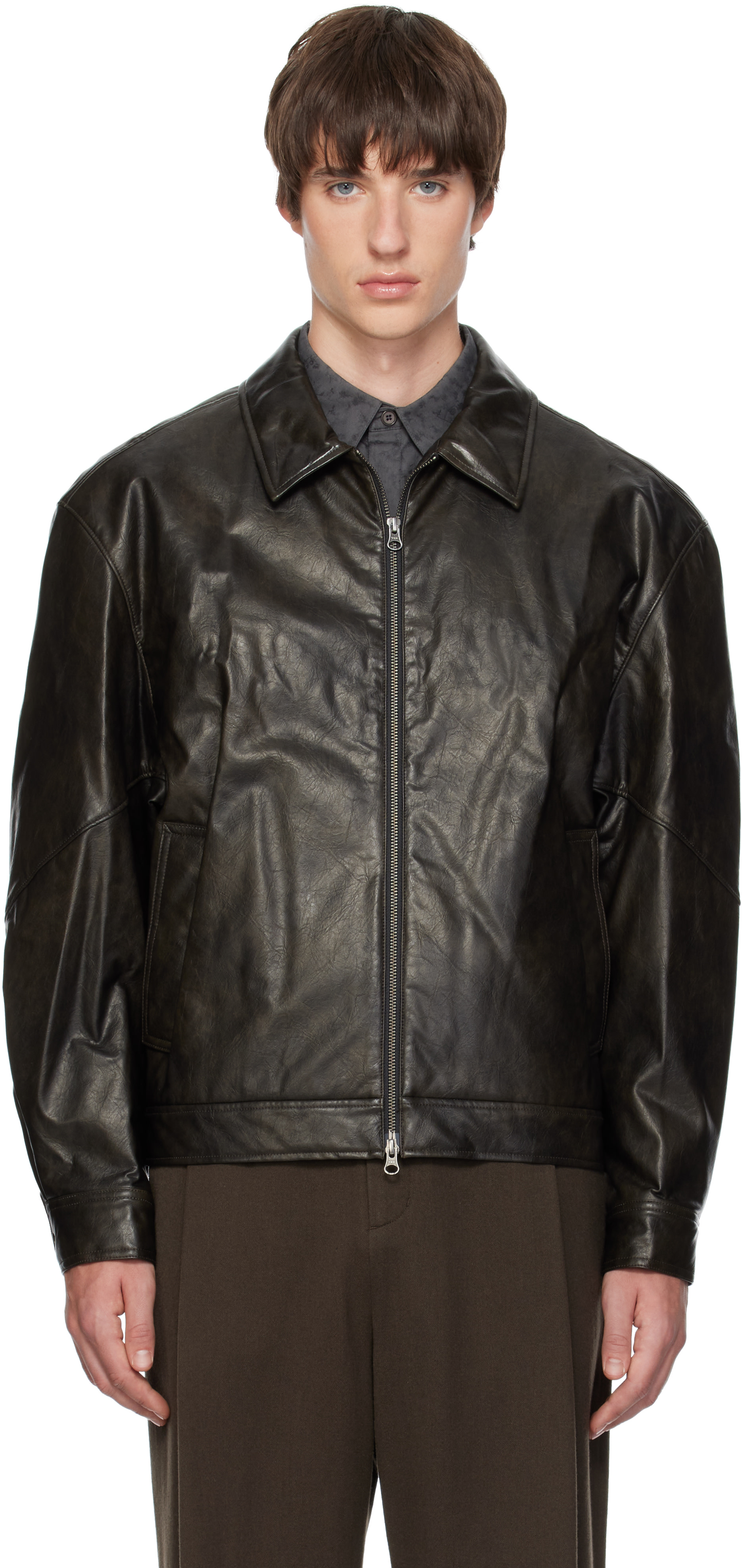 AMOMENTO - Black Faux-Leather Bomber Jacket