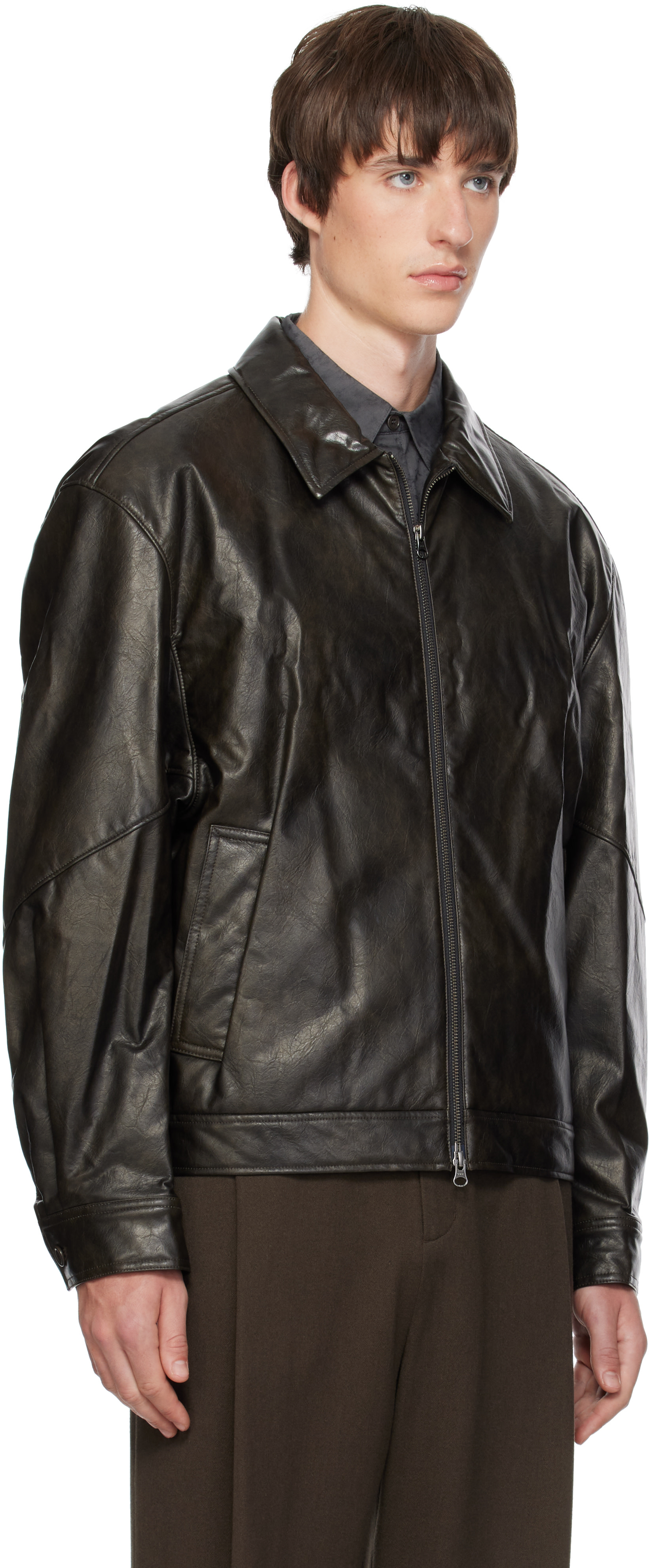AMOMENTO - Black Faux-Leather Bomber Jacket