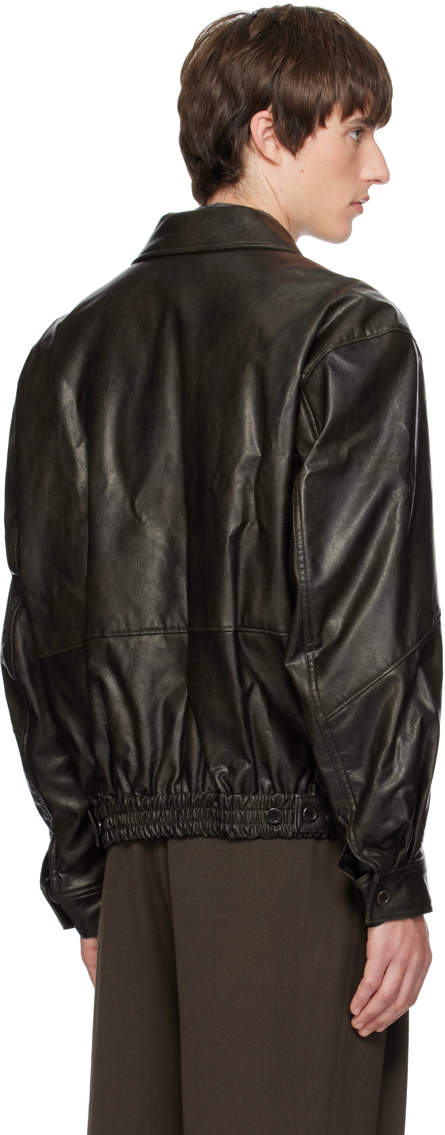 AMOMENTO - Black Faux-Leather Bomber Jacket