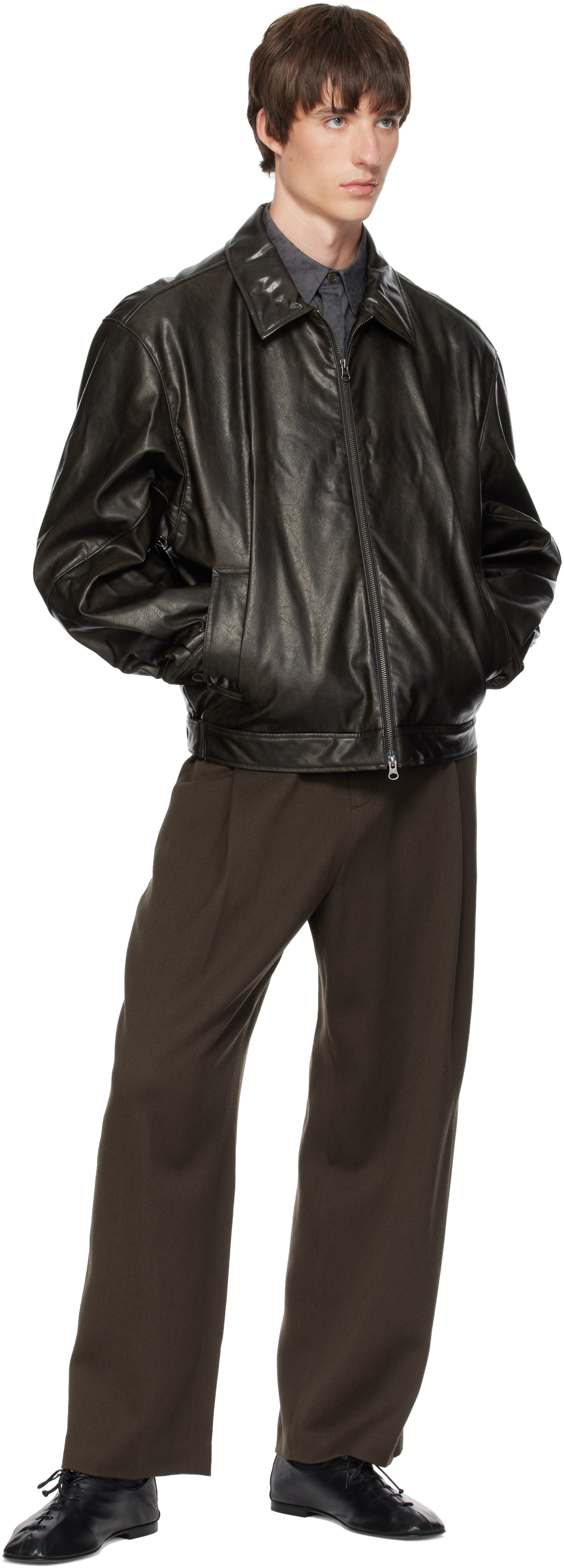 AMOMENTO - Black Faux-Leather Bomber Jacket