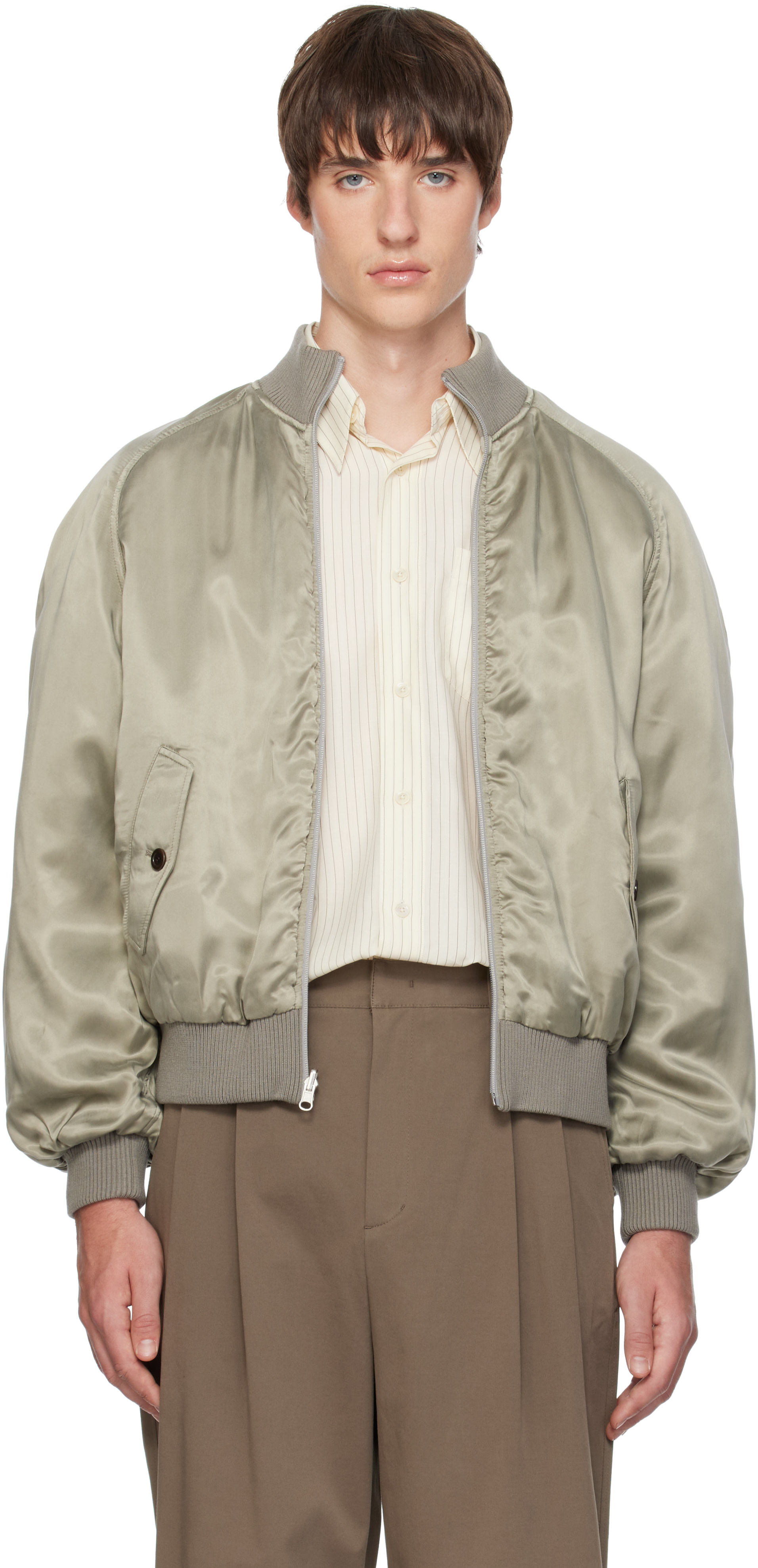 AMOMENTO - Green Ribbed Silky Bomber Jacket