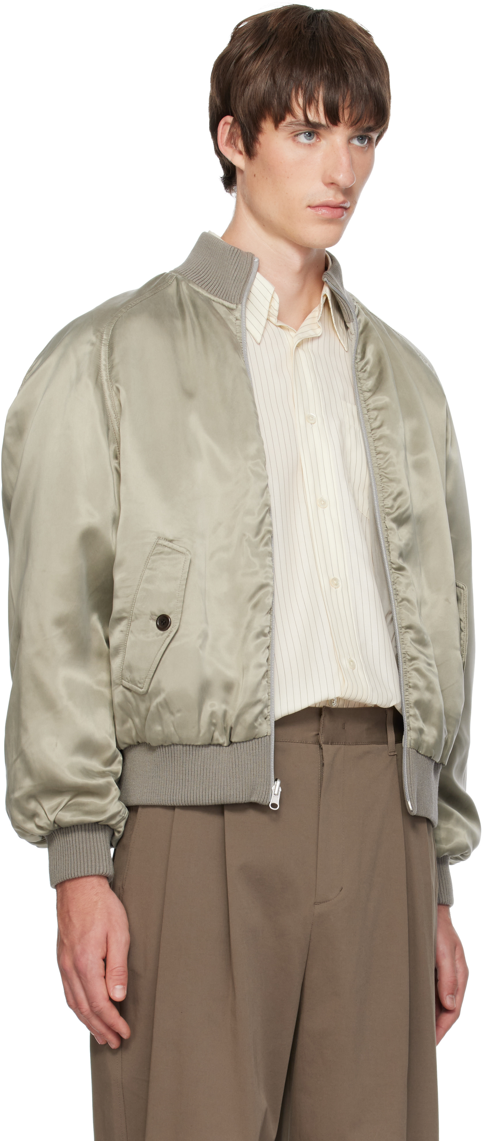 AMOMENTO - Green Ribbed Silky Bomber Jacket