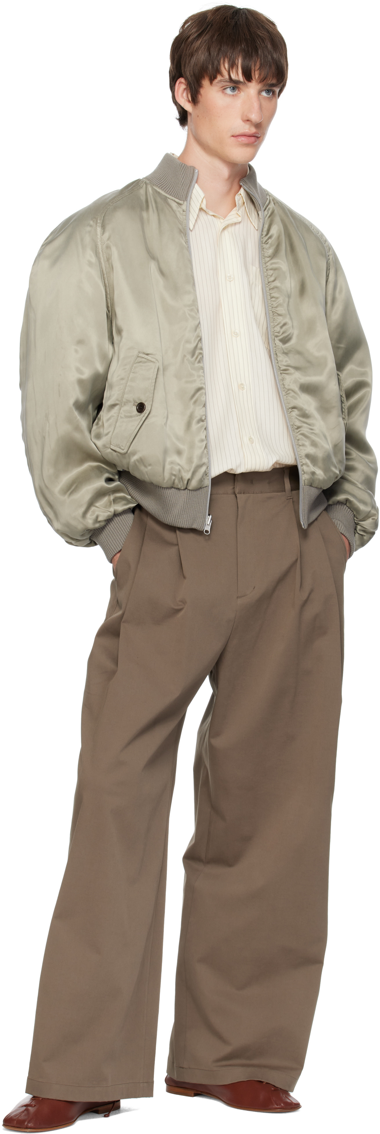 AMOMENTO - Green Ribbed Silky Bomber Jacket