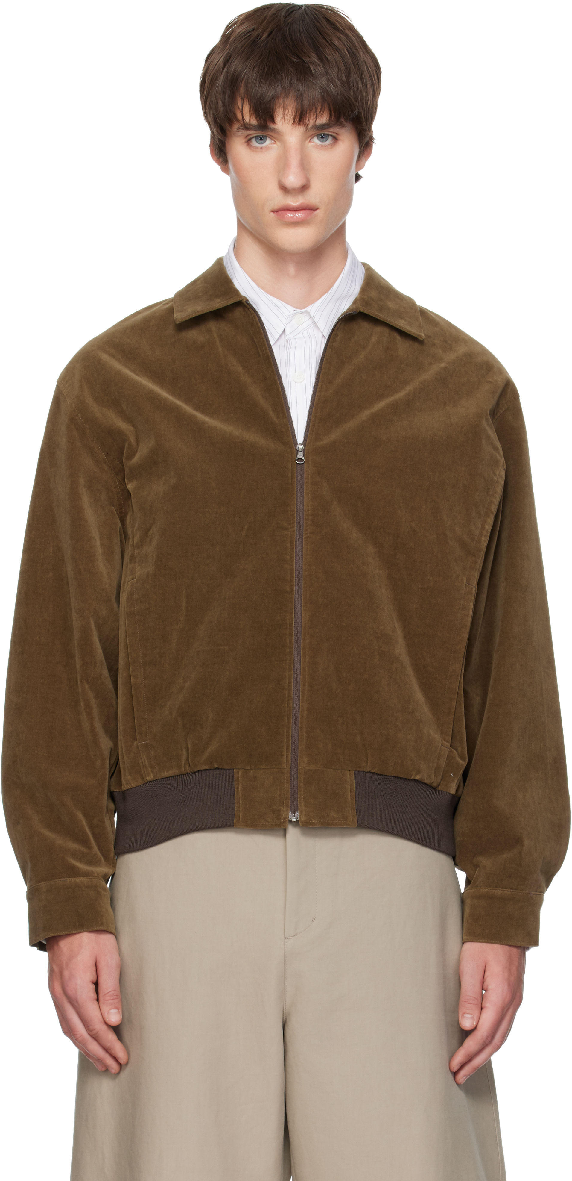 AMOMENTO - Khaki Velvet Zip-Up Bomber Jacket
