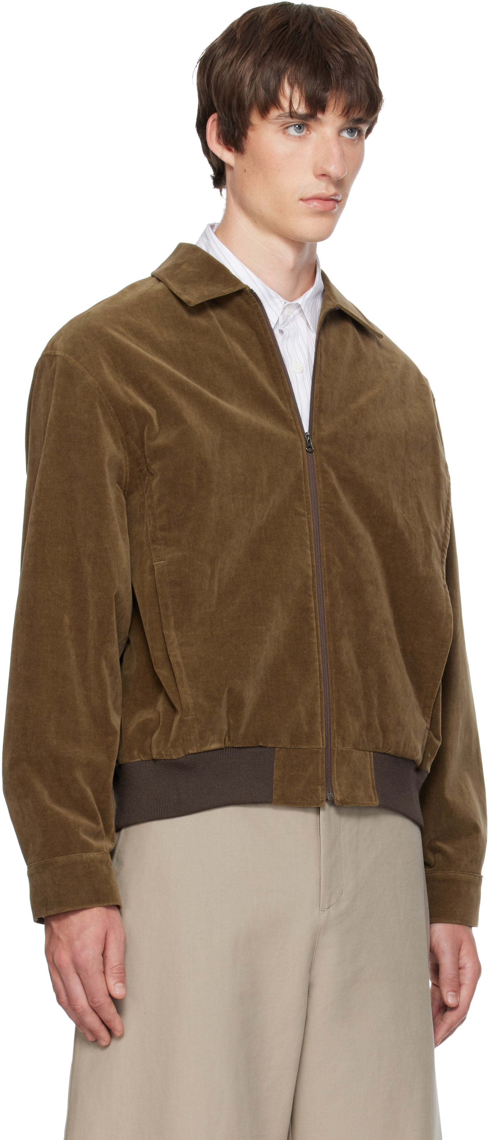 AMOMENTO - Khaki Velvet Zip-Up Bomber Jacket