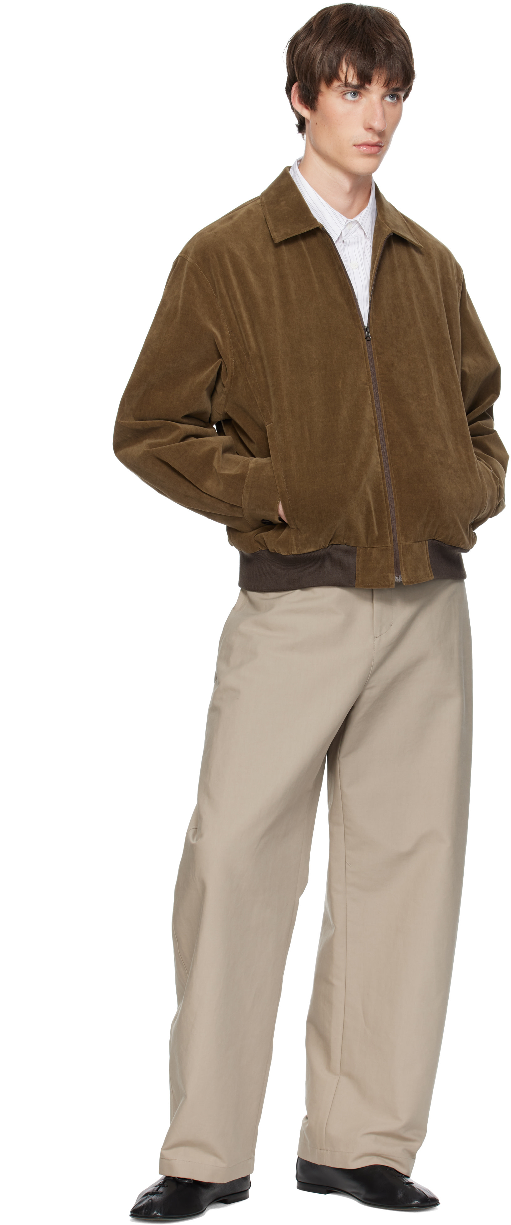 AMOMENTO - Khaki Velvet Zip-Up Bomber Jacket