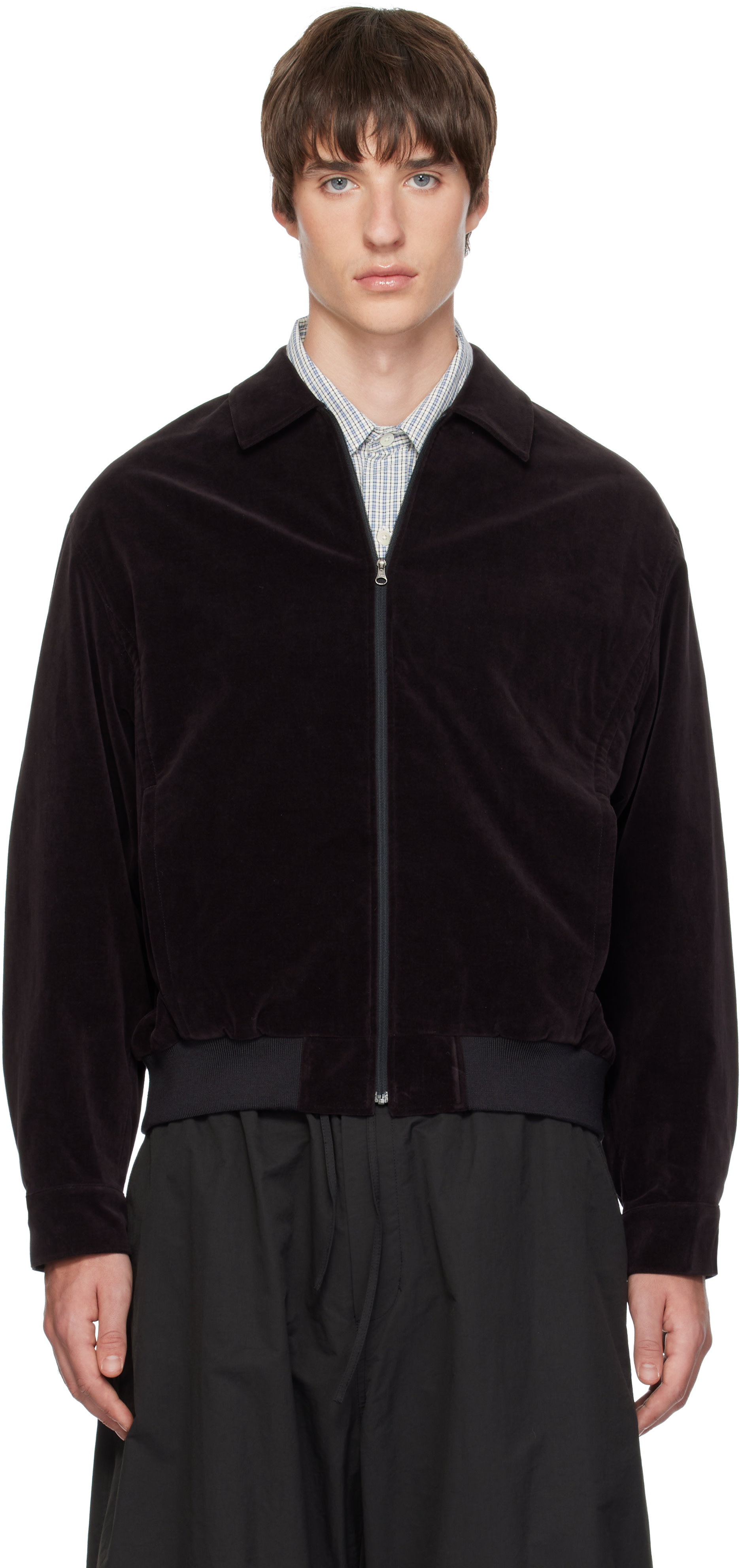 AMOMENTO - Brown Velvet Zip-Up Bomber Jacket