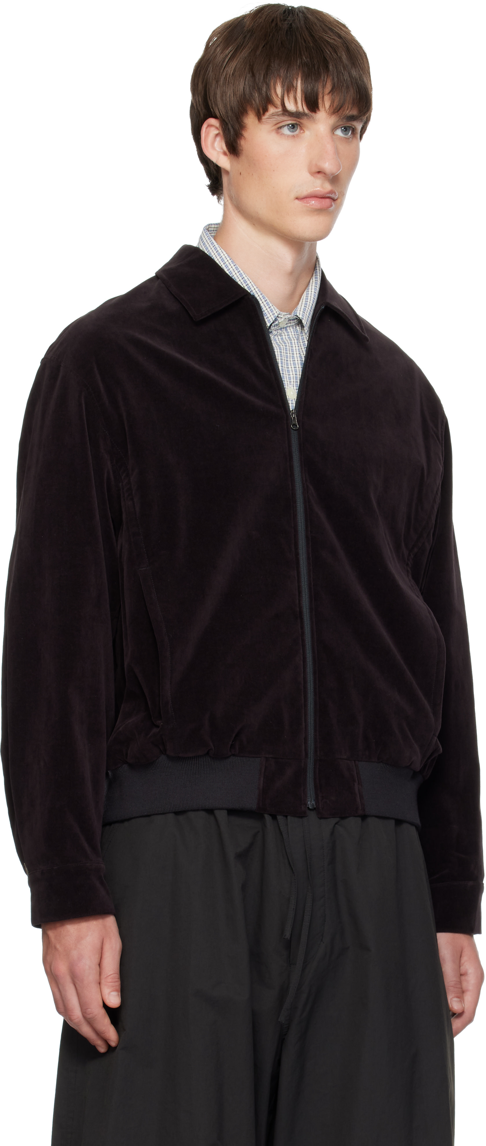 AMOMENTO - Brown Velvet Zip-Up Bomber Jacket