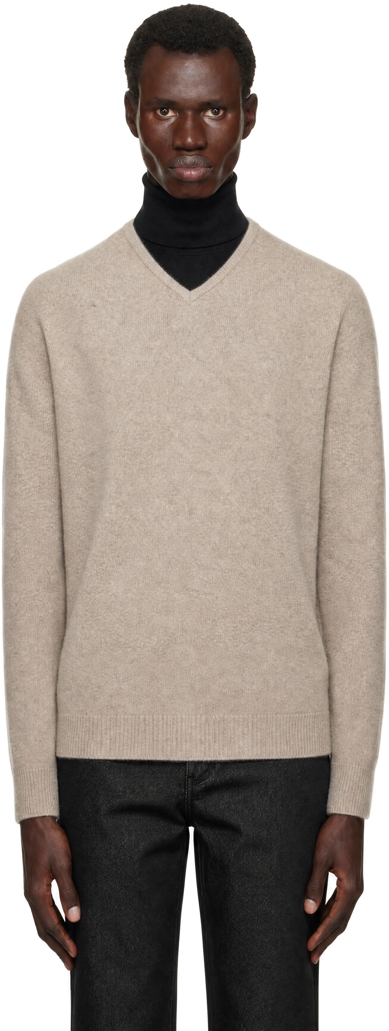 AMOMENTO - Beige Racoon V-Neck Sweater