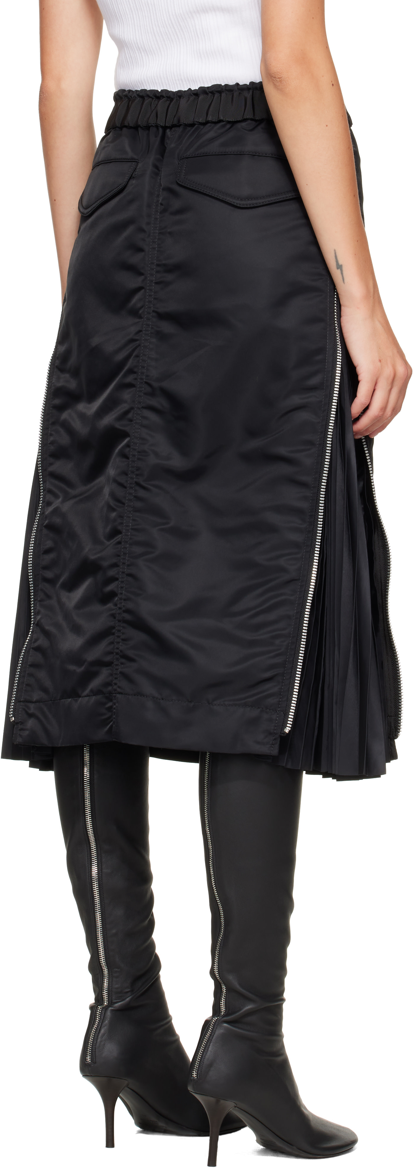 sacai: Black Nylon Twill Midi Skirt | SSENSE