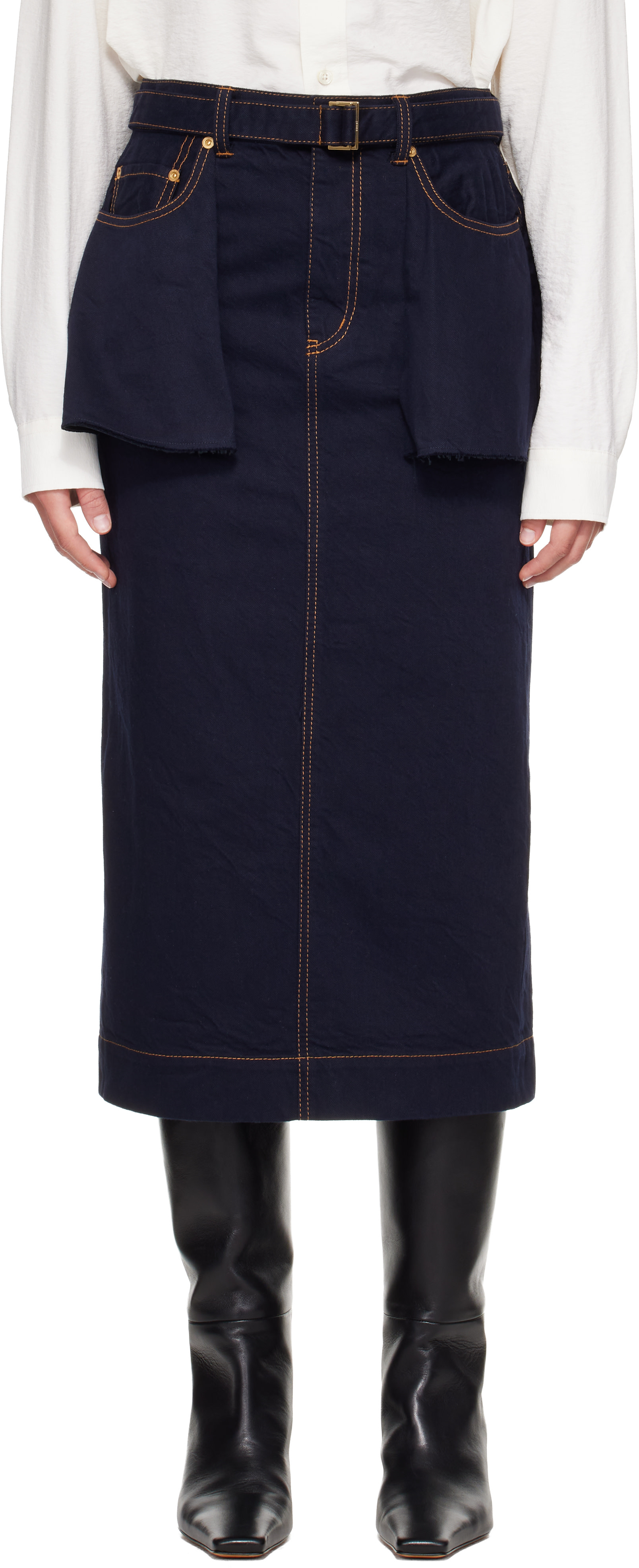 sacai: Navy Denim Midi Skirt | SSENSE