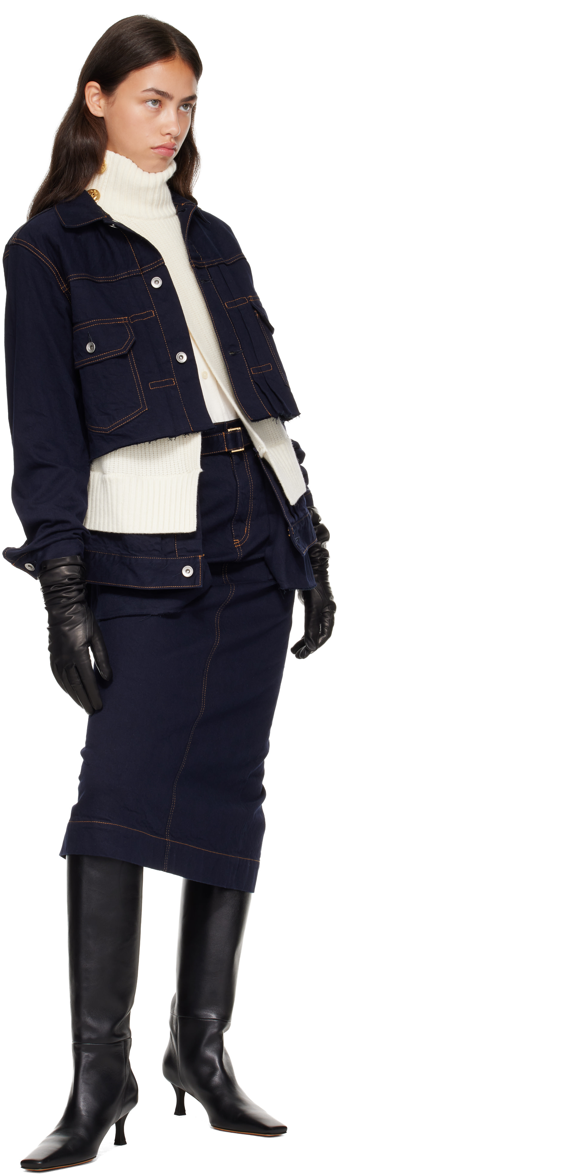 sacai: Navy Denim Midi Skirt | SSENSE