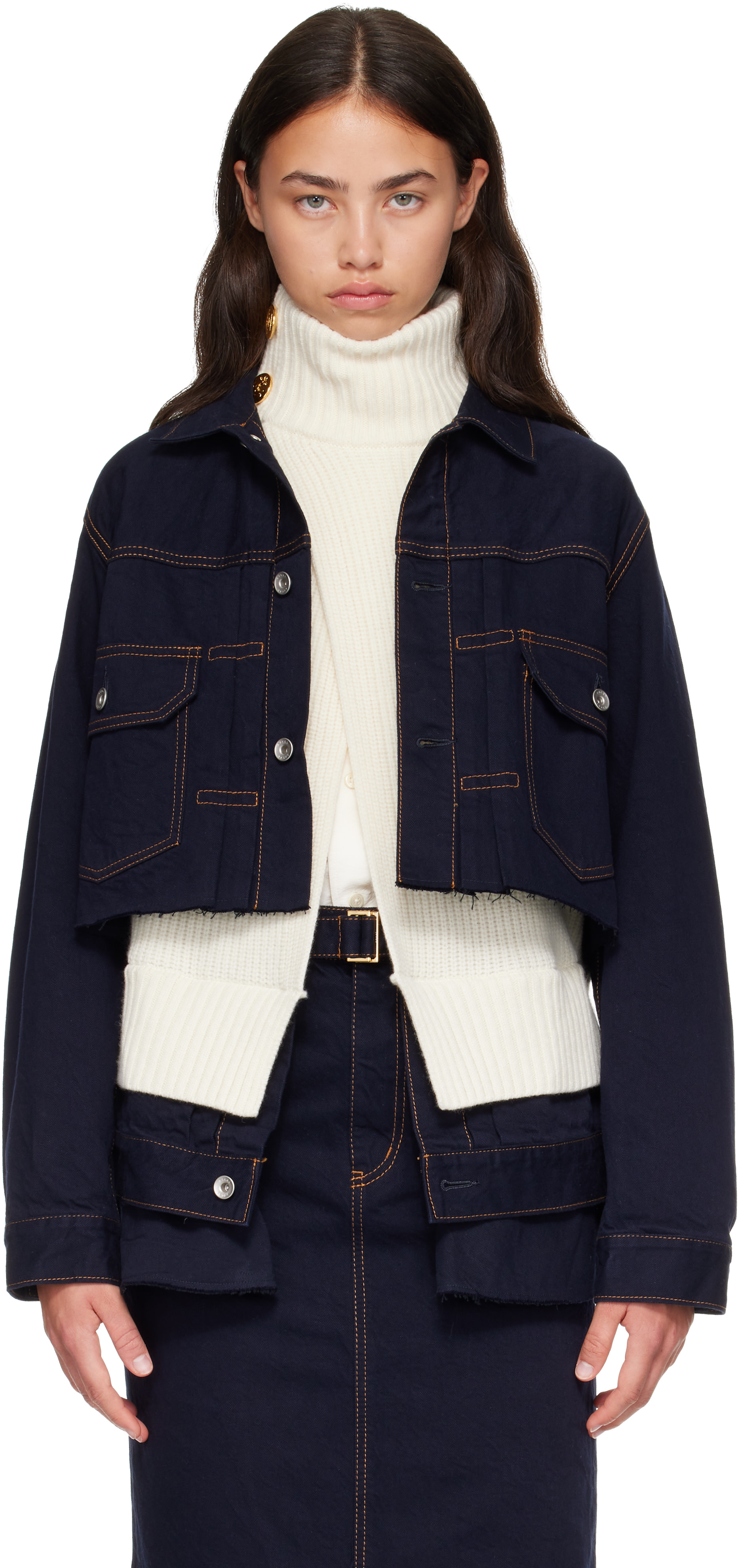 sacai: Navy & White Wool Knit x Denim Jacket | SSENSE