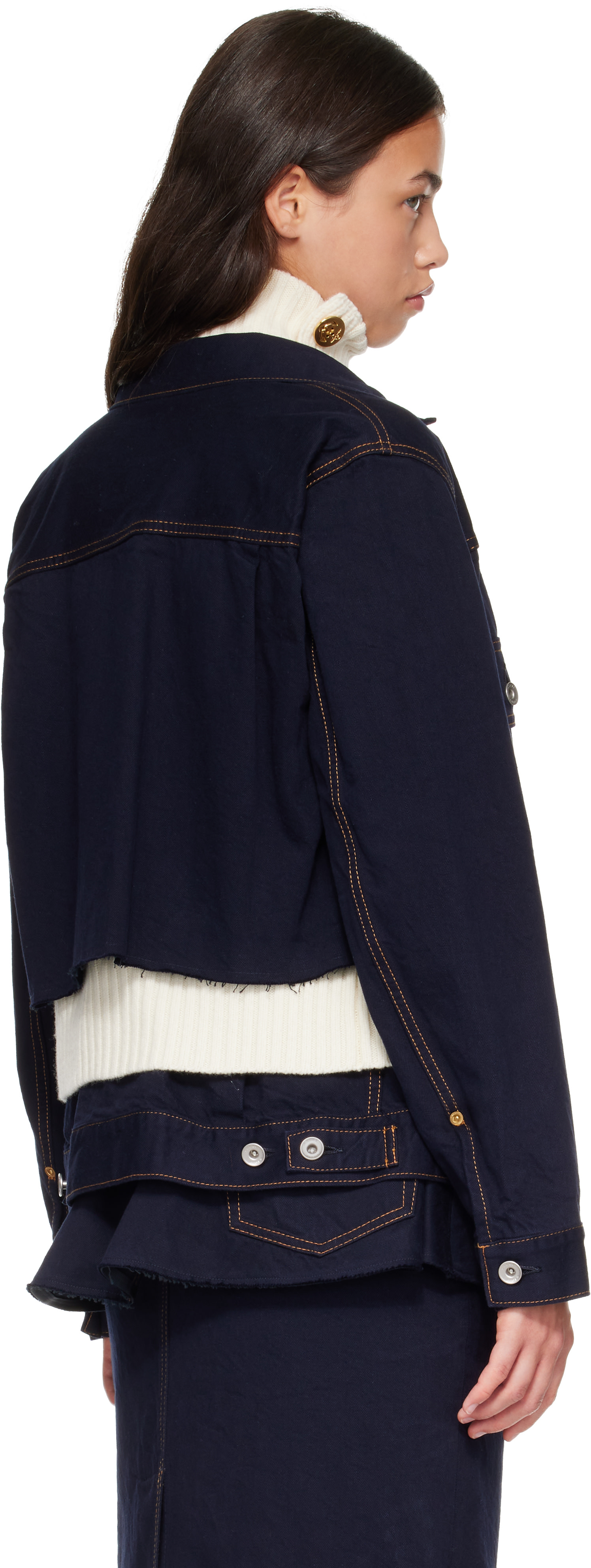 sacai: Navy & White Wool Knit x Denim Jacket | SSENSE