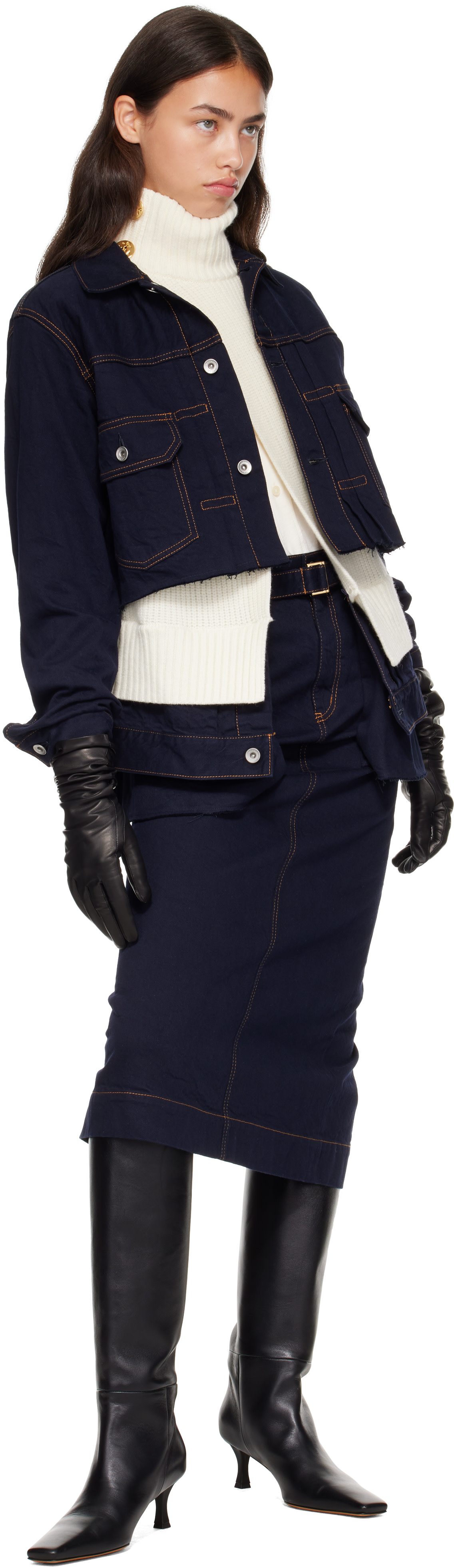 sacai: Navy & White Wool Knit x Denim Jacket | SSENSE