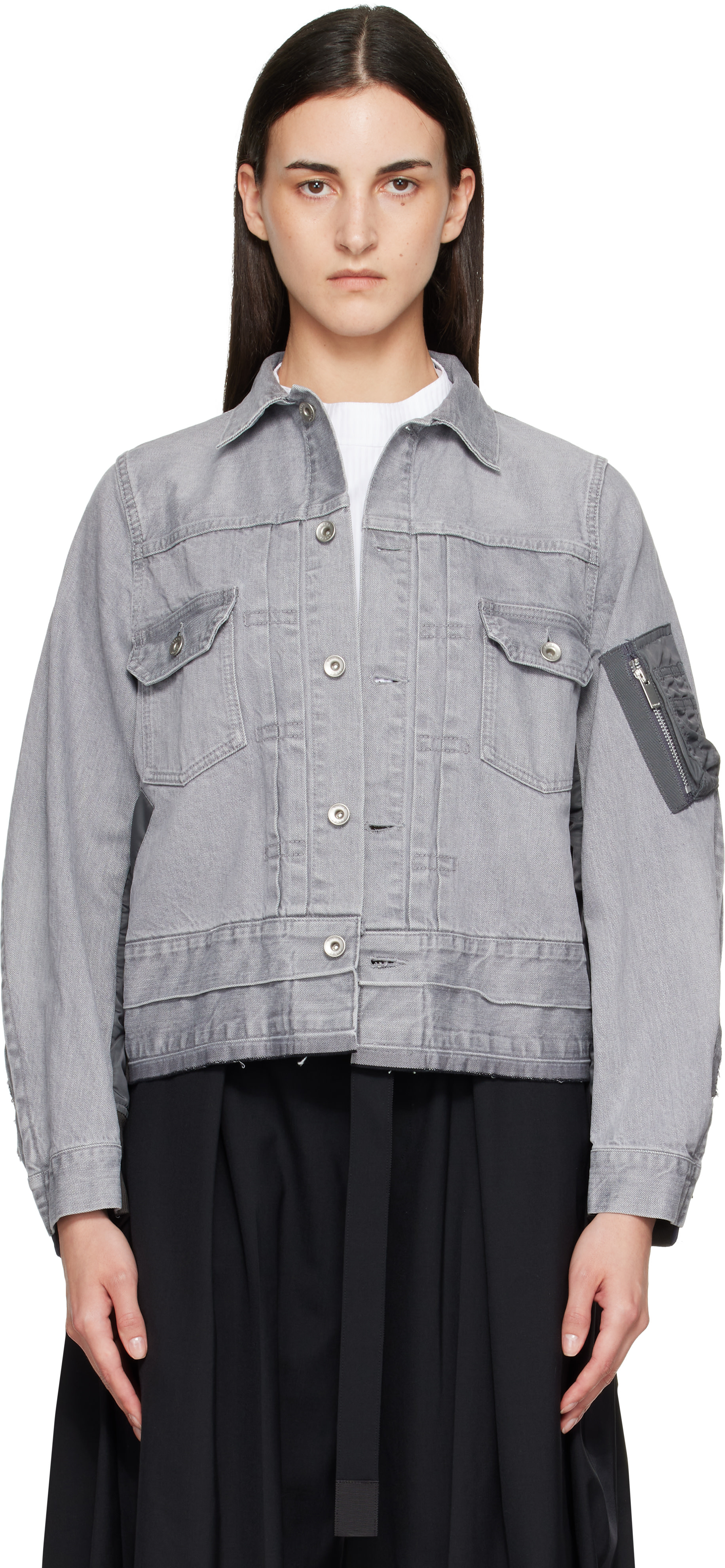 sacai: Gray Nylon Twill x Denim Jacket | SSENSE