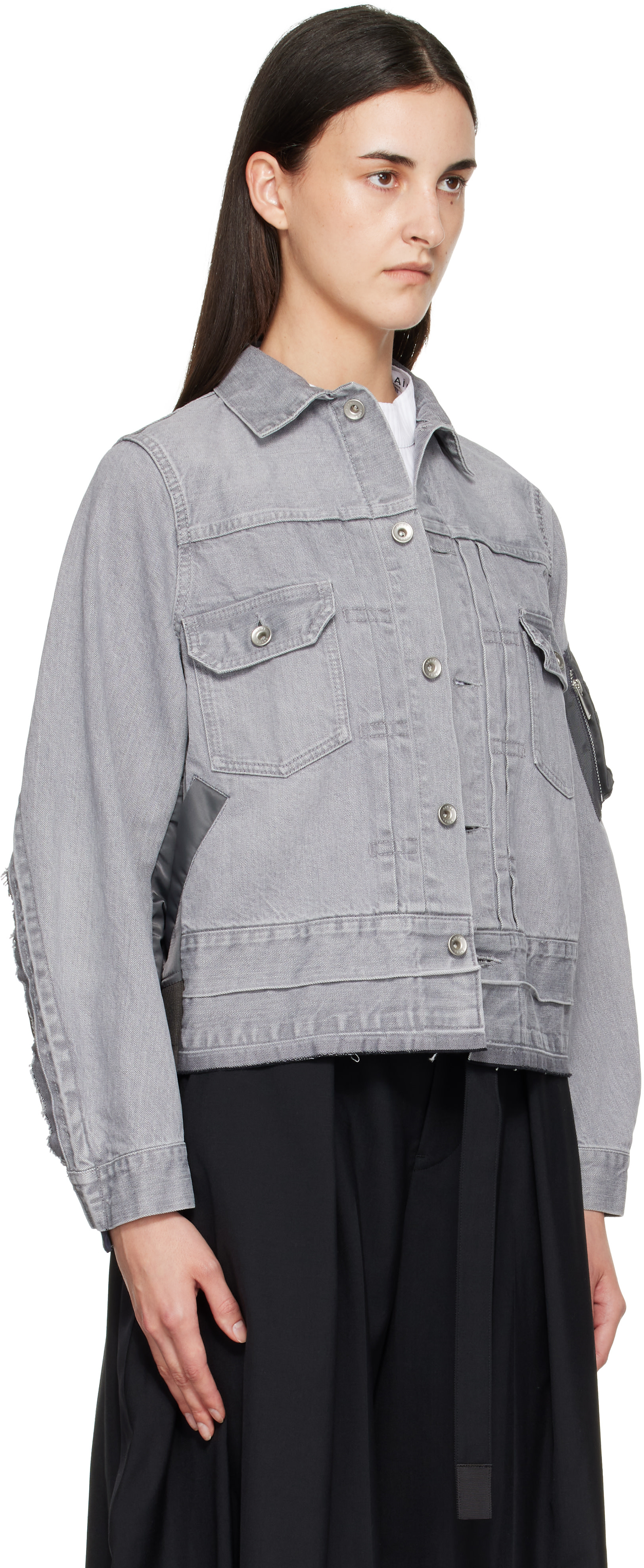 sacai サカイ ツイード ジャケット KHAKI × GRAY size2 sacai: Gray Nylon Twill x Denim Jacket | SSENSE