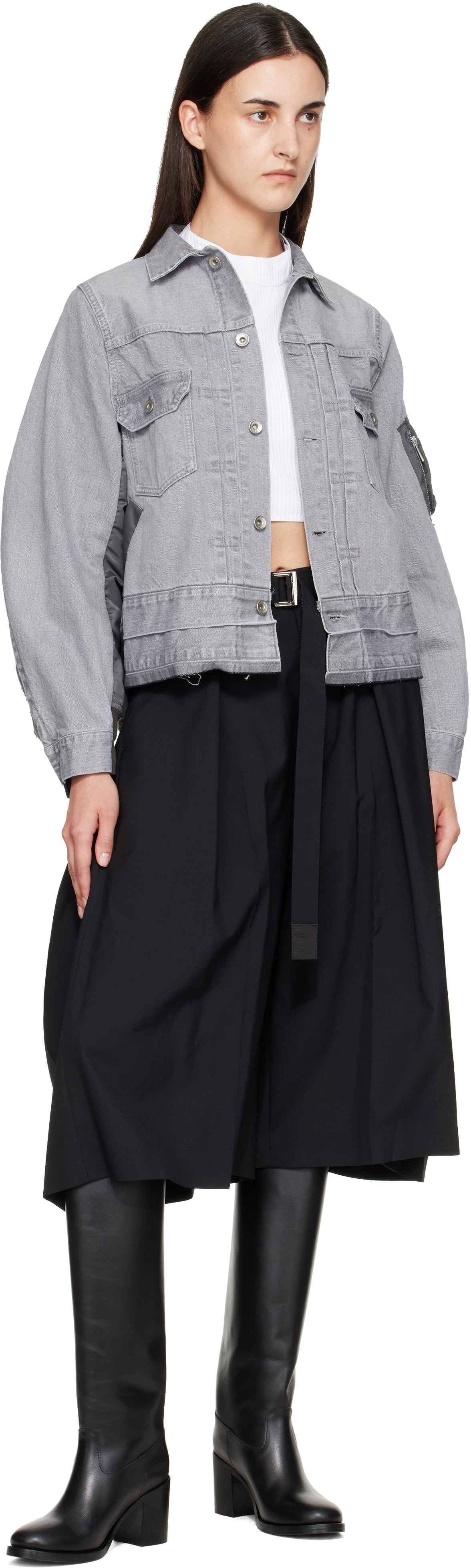 sacai: Gray Nylon Twill x Denim Jacket | SSENSE