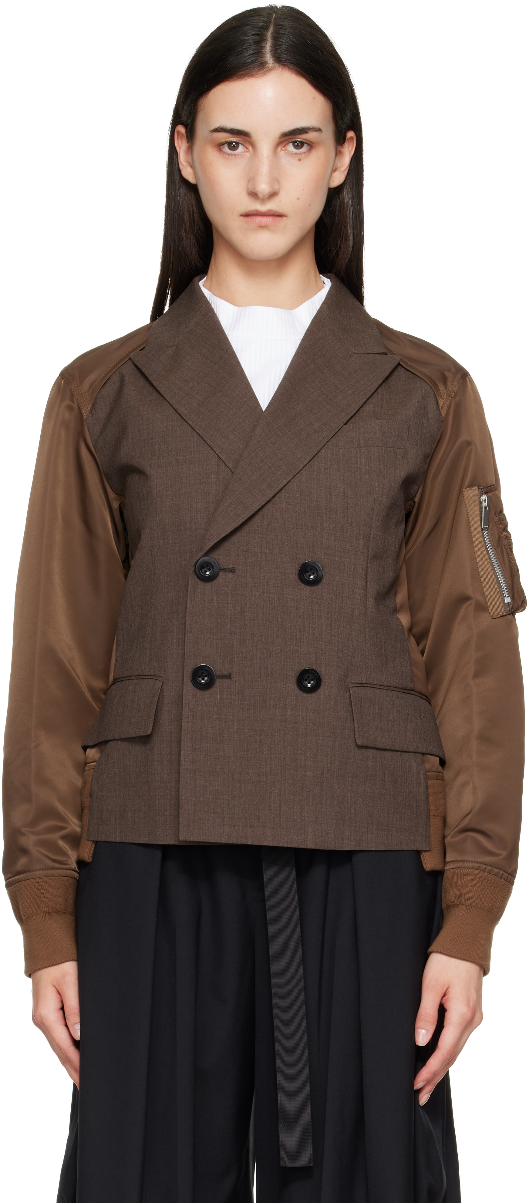 sacai: Brown Suiting x Nylon Twill Blazer | SSENSE