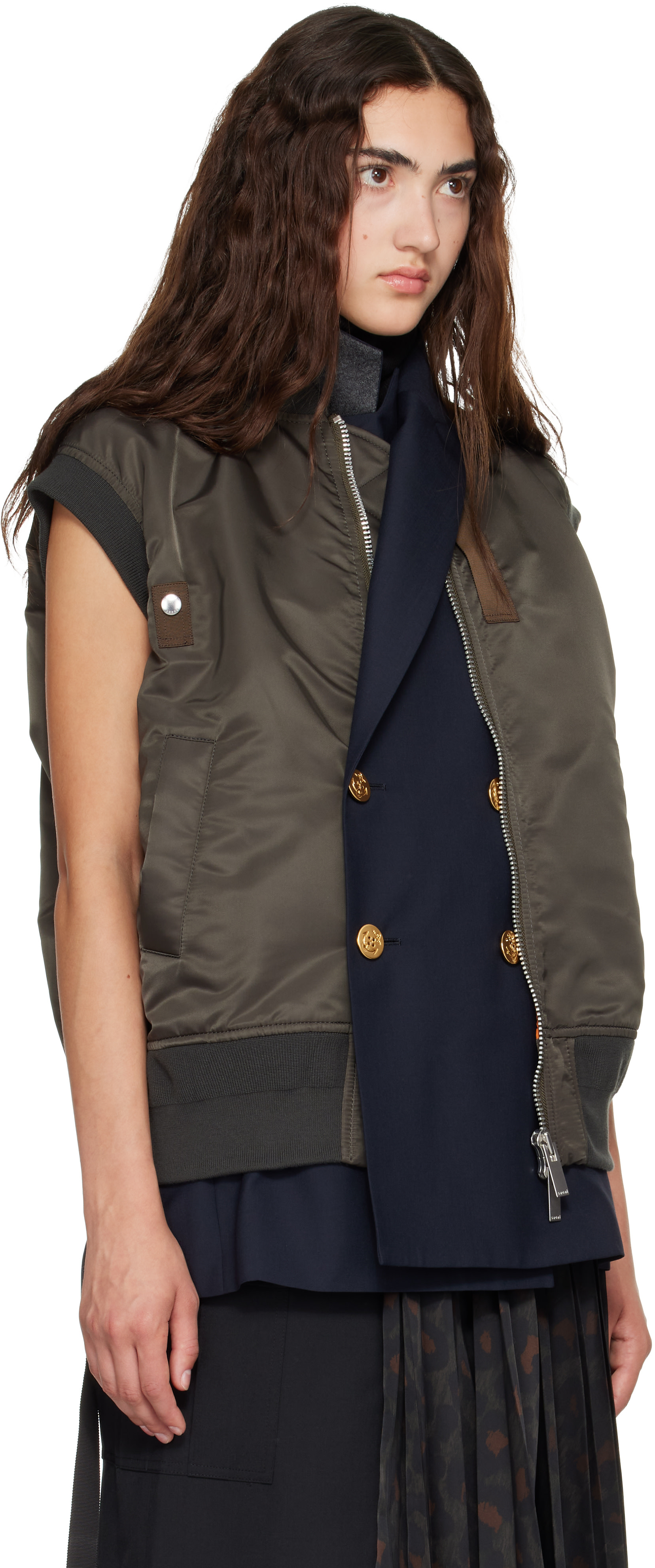 Sacai サカイ 23ss ミリタリーNylon Twill Vest sacai: Green Nylon Twill x Suiting Vest | SSENSE
