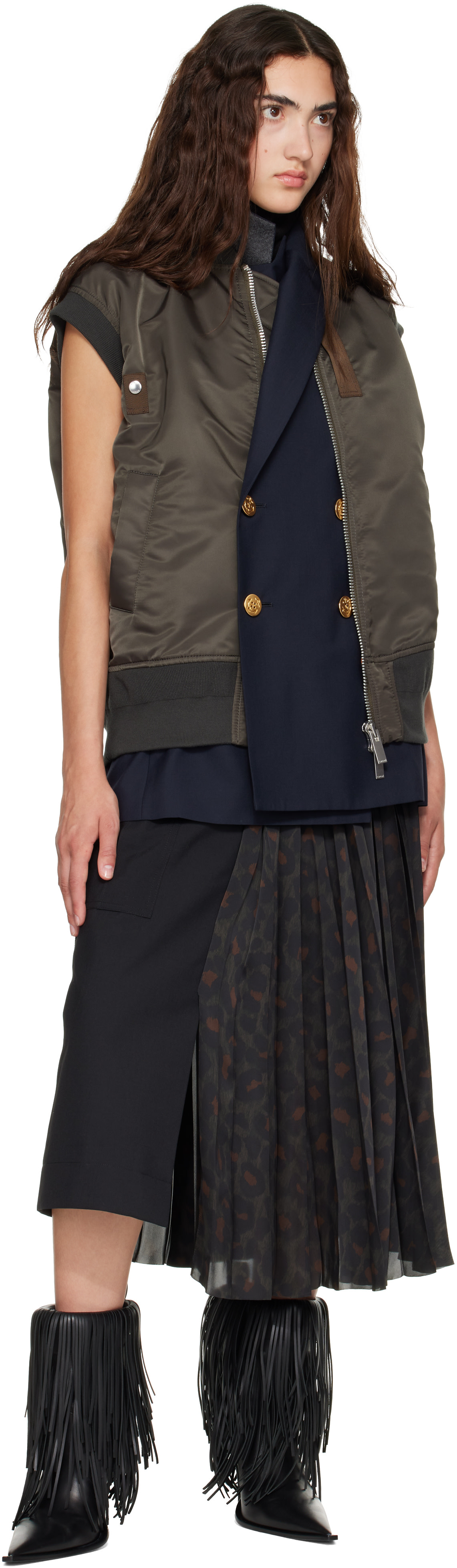 sacai: Green Nylon Twill x Suiting Vest | SSENSE