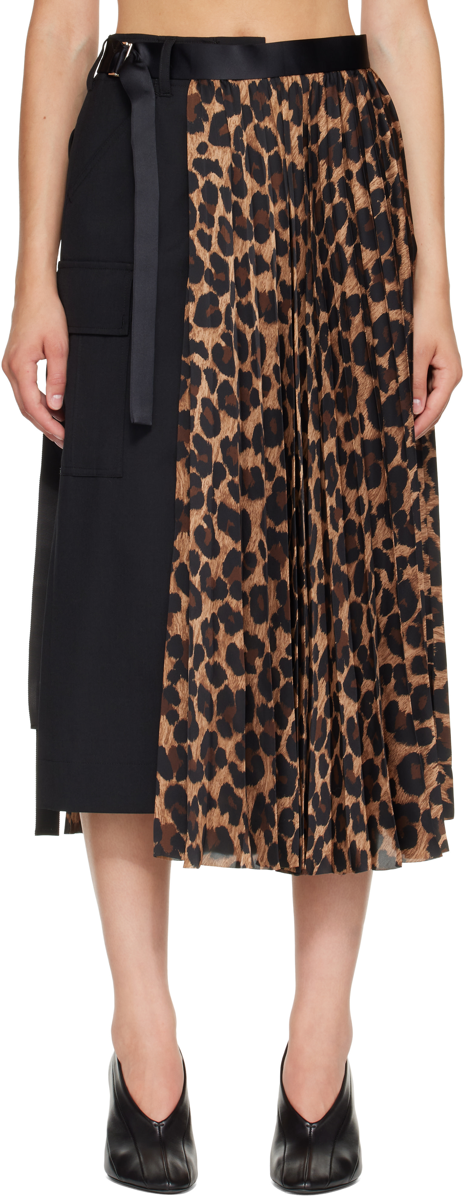sacai: Black Leopard x Suiting Midi Skirt | SSENSE