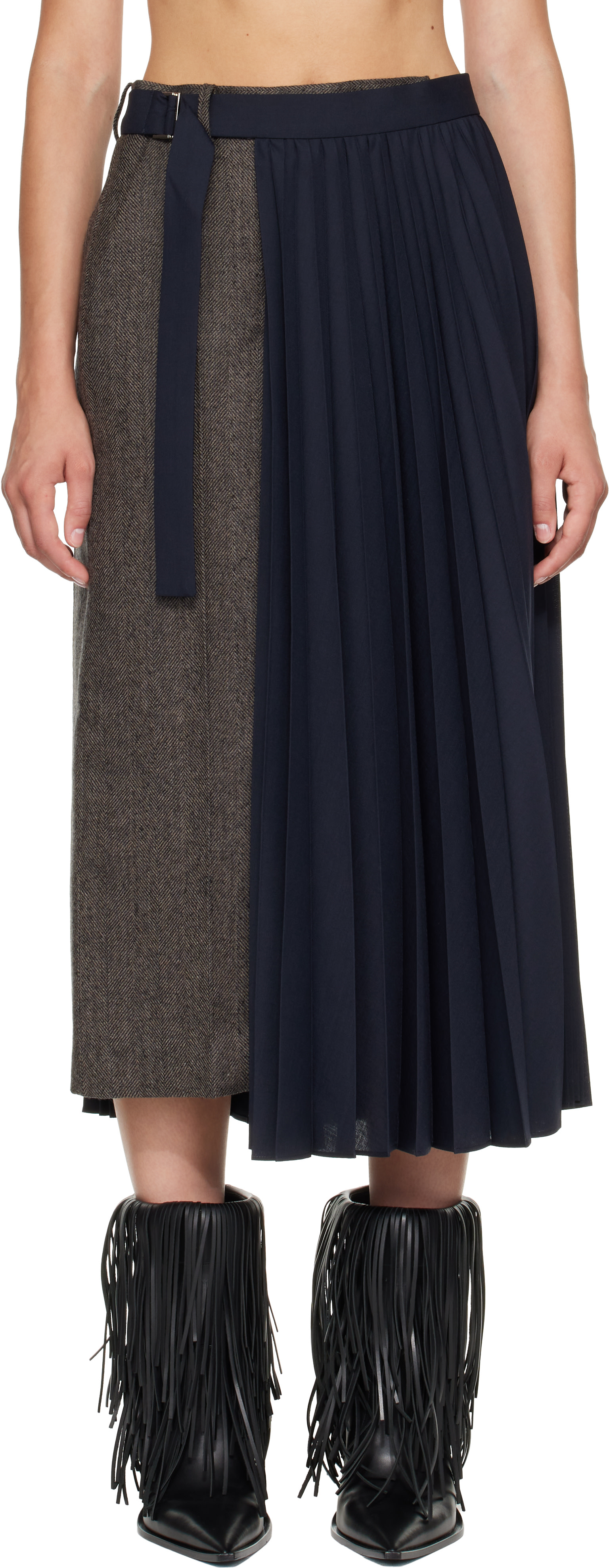 sacai: Taupe & Navy Herringbone x Suiting Midi Skirt | SSENSE
