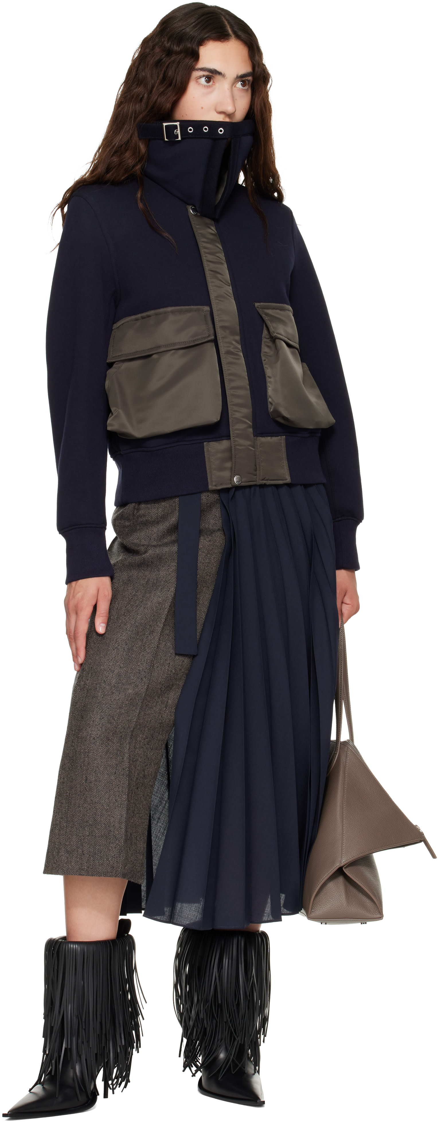 sacai: Taupe & Navy Herringbone x Suiting Midi Skirt | SSENSE