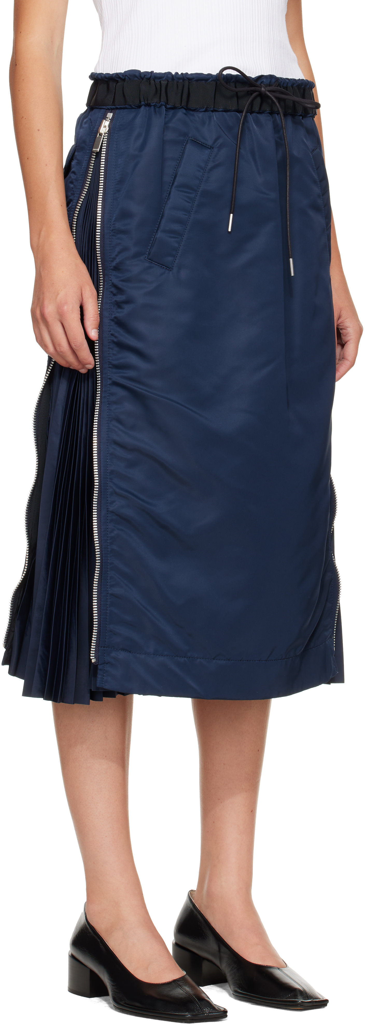 スカート Sacai Pleats Docking Skirt sacai: Navy Nylon Twill Midi Skirt | SSENSE