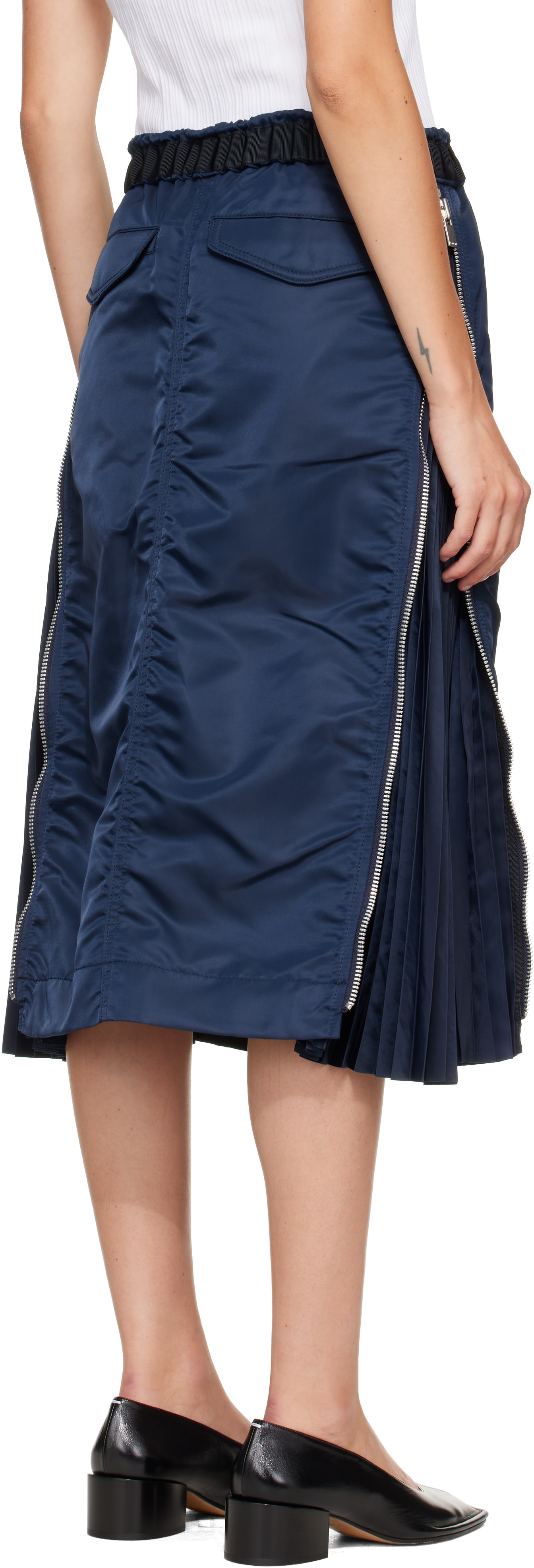 sacai: Navy Nylon Twill Midi Skirt | SSENSE