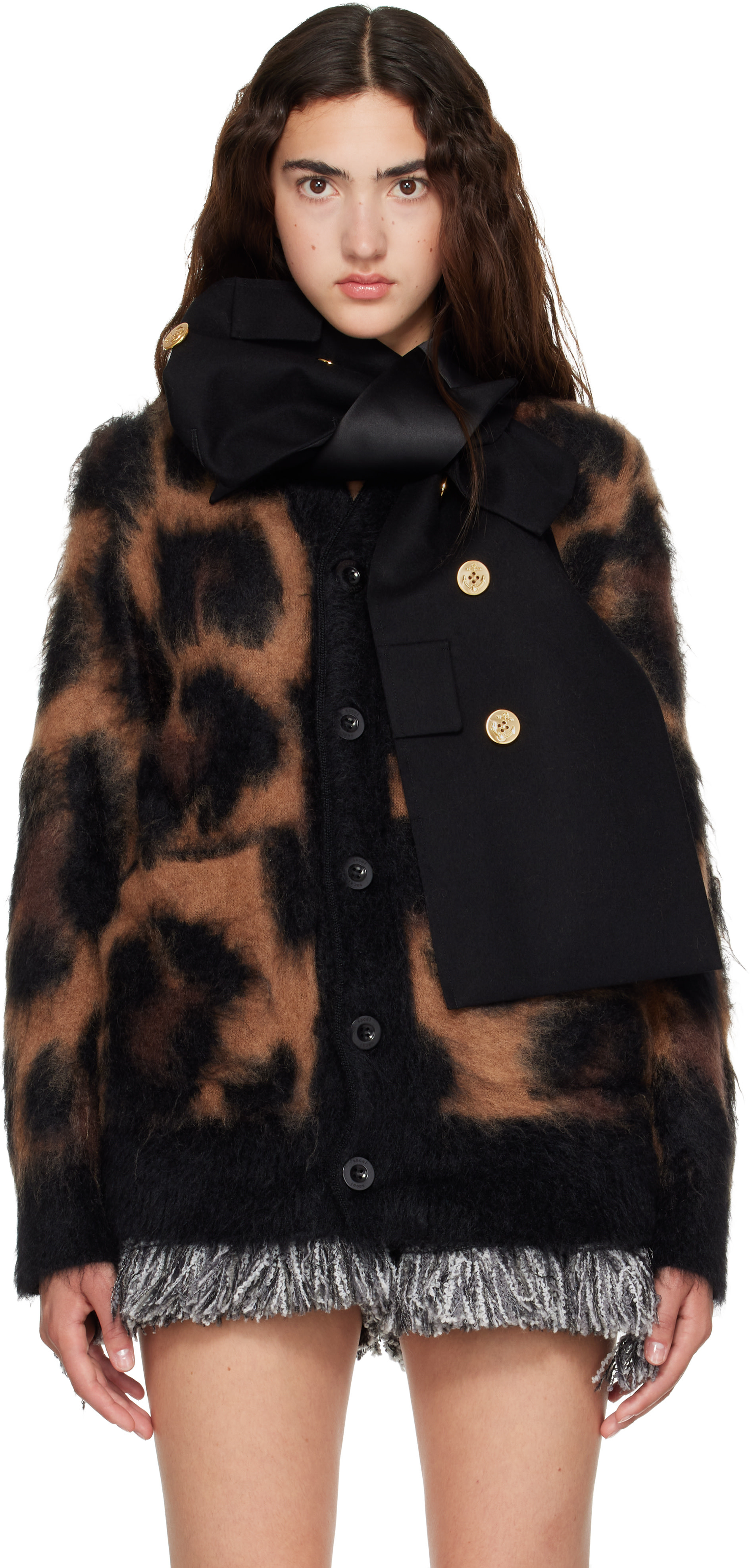 sacai: Beige Leopard Mohair Knit Cardigan | SSENSE