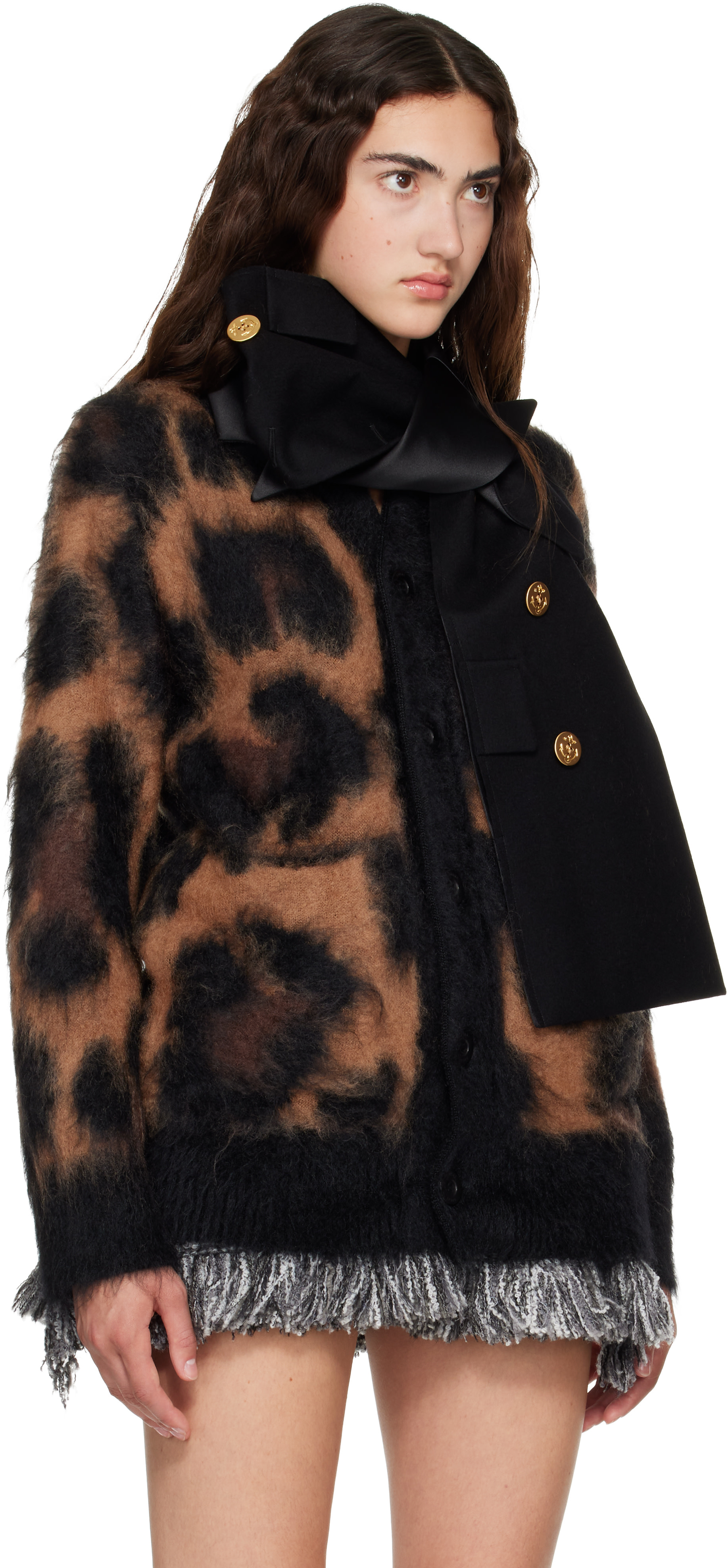 sacai: Beige Leopard Mohair Knit Cardigan | SSENSE