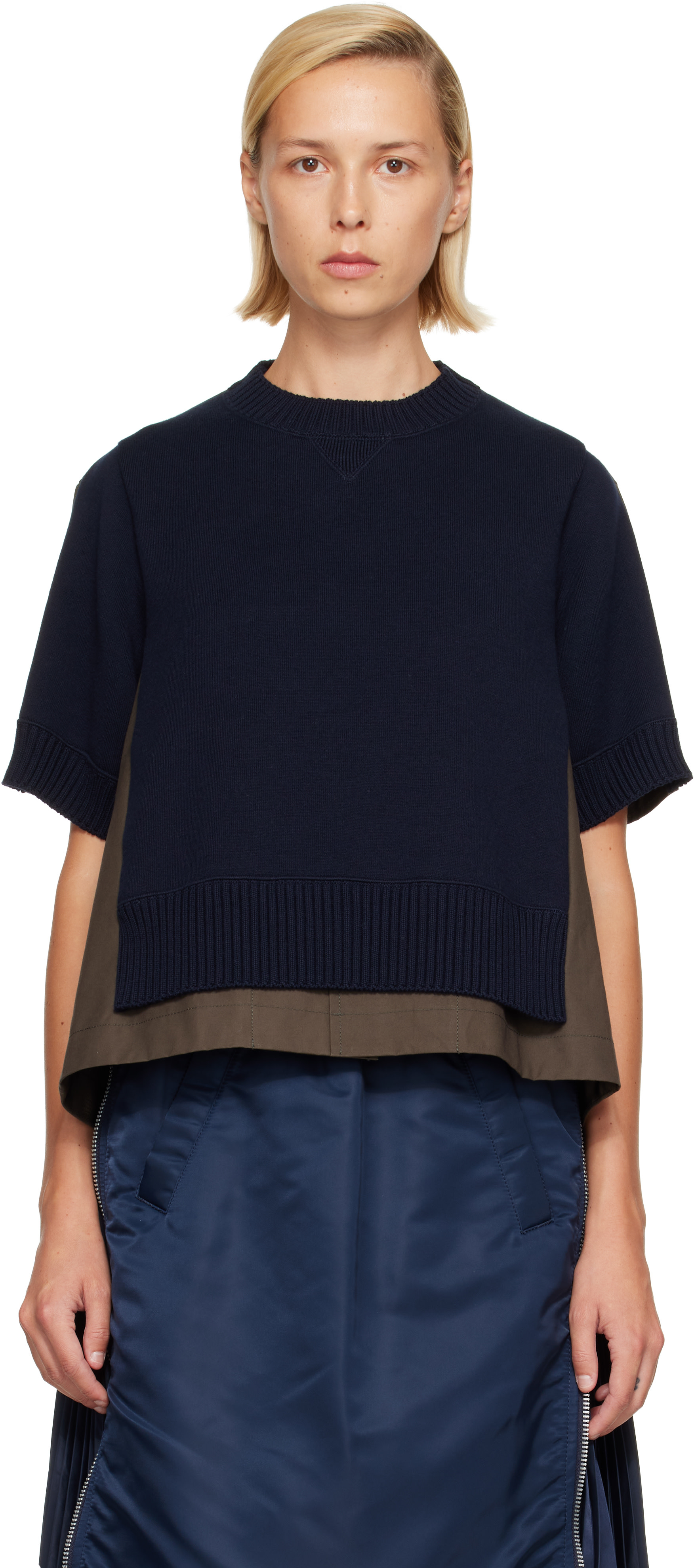 sacai - Pull vert en tricot de coton et cachemire