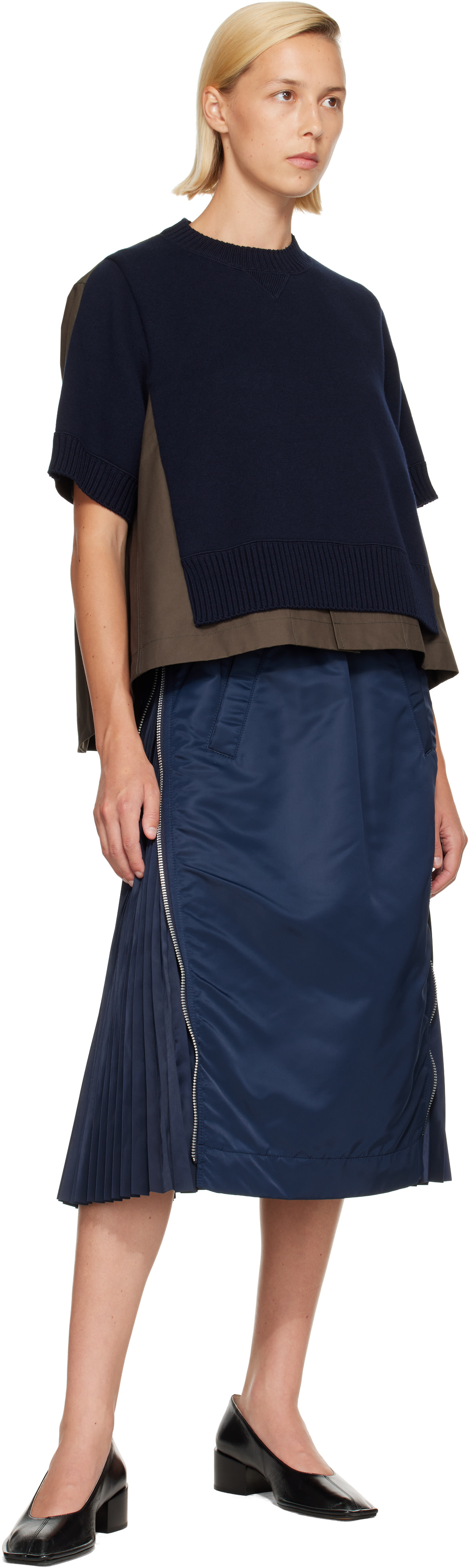 sacai - Pull vert en tricot de coton et cachemire
