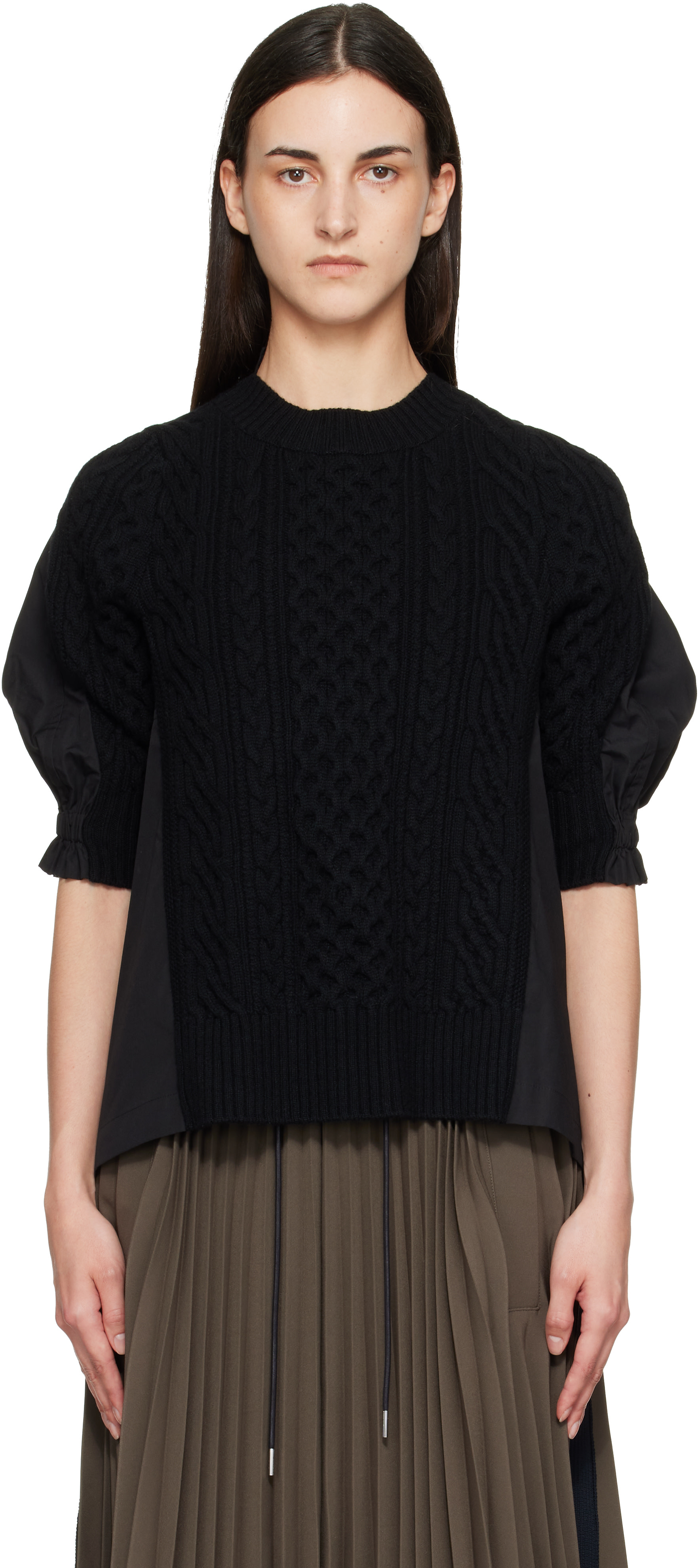 sacai: Black Wool Knit x Cotton Poplin Pullover Sweater | SSENSE